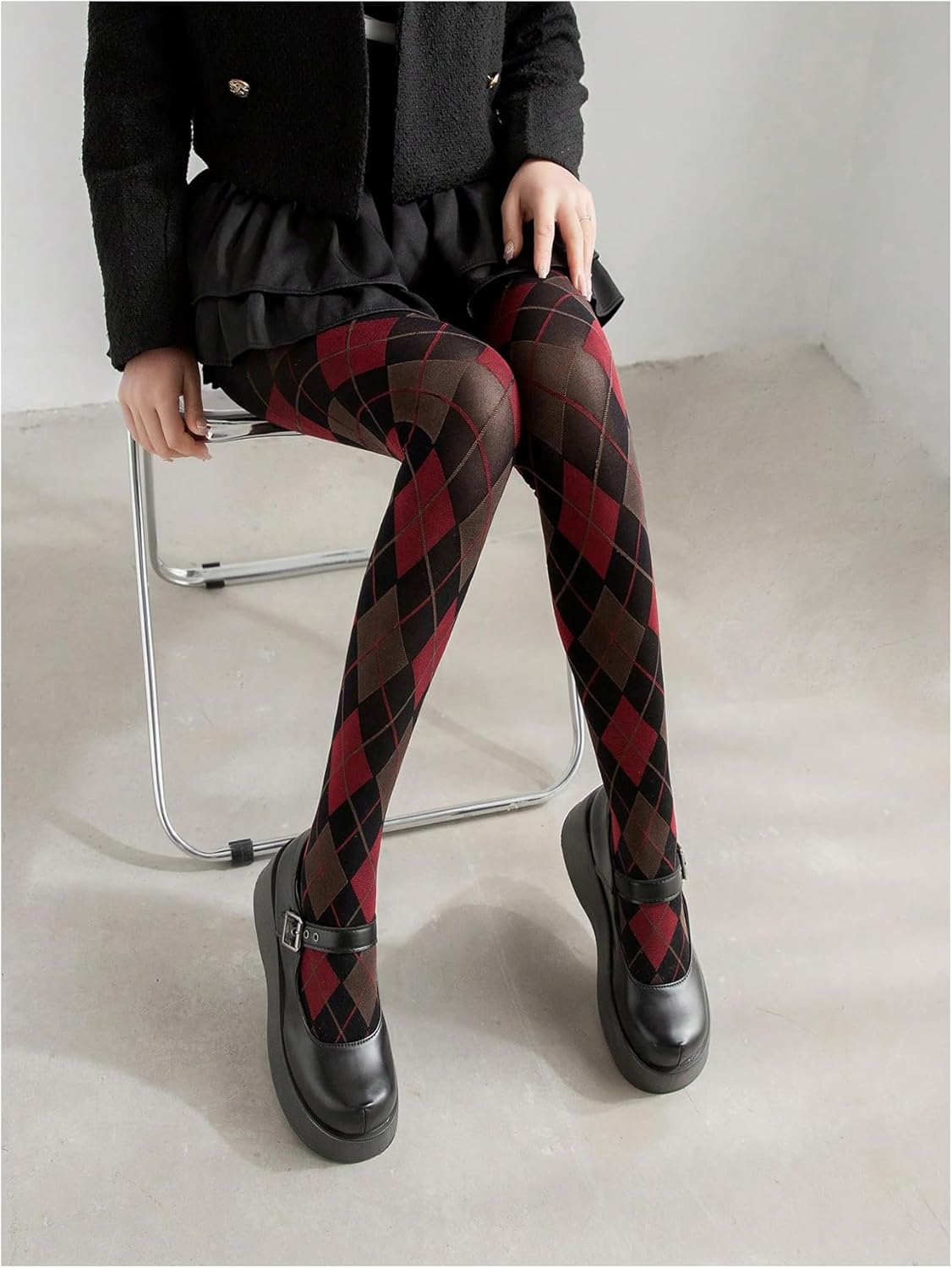 Verdusa Women's Argyle Plaid Mesh Sheer Tights High Waisted Preppy Stockings Pantyhose - Image 3