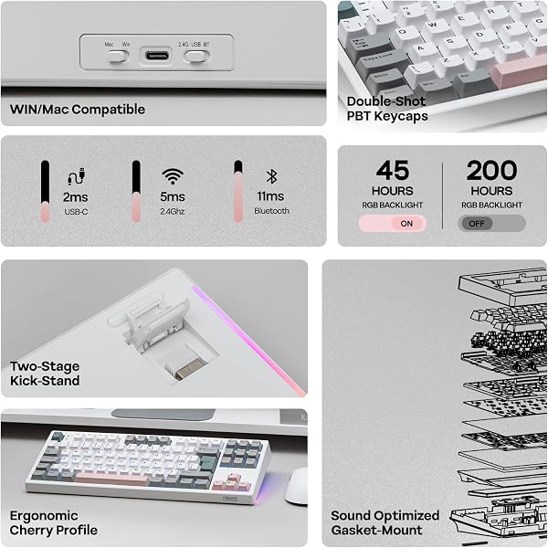 EPOMAKER TH87 Wireless Mechanical Keyboard with 10000mAh Battery, BT/2.4GHz/Wired, Hot Swap, PBT Keycap, RGB Backlit, TKL Gaming Keyboard, UK ISO Layout (White, Creamy Jade) - 3