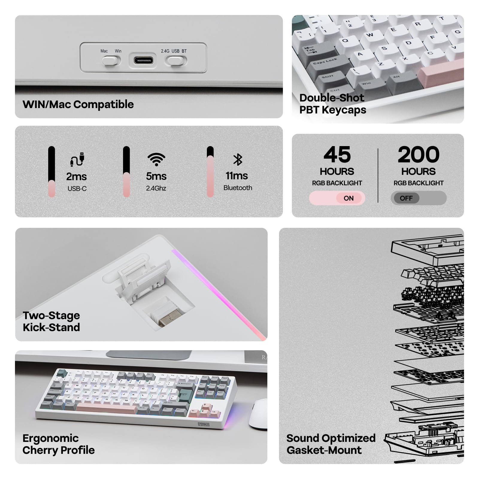 EPOMAKER TH87 Wireless Mechanical Keyboard with 10000mAh Battery, BT/2.4GHz/Wired, Hot Swap, PBT Keycap, RGB Backlit, TKL Gaming Keyboard, UK ISO Layout (White, Creamy Jade) — view 3