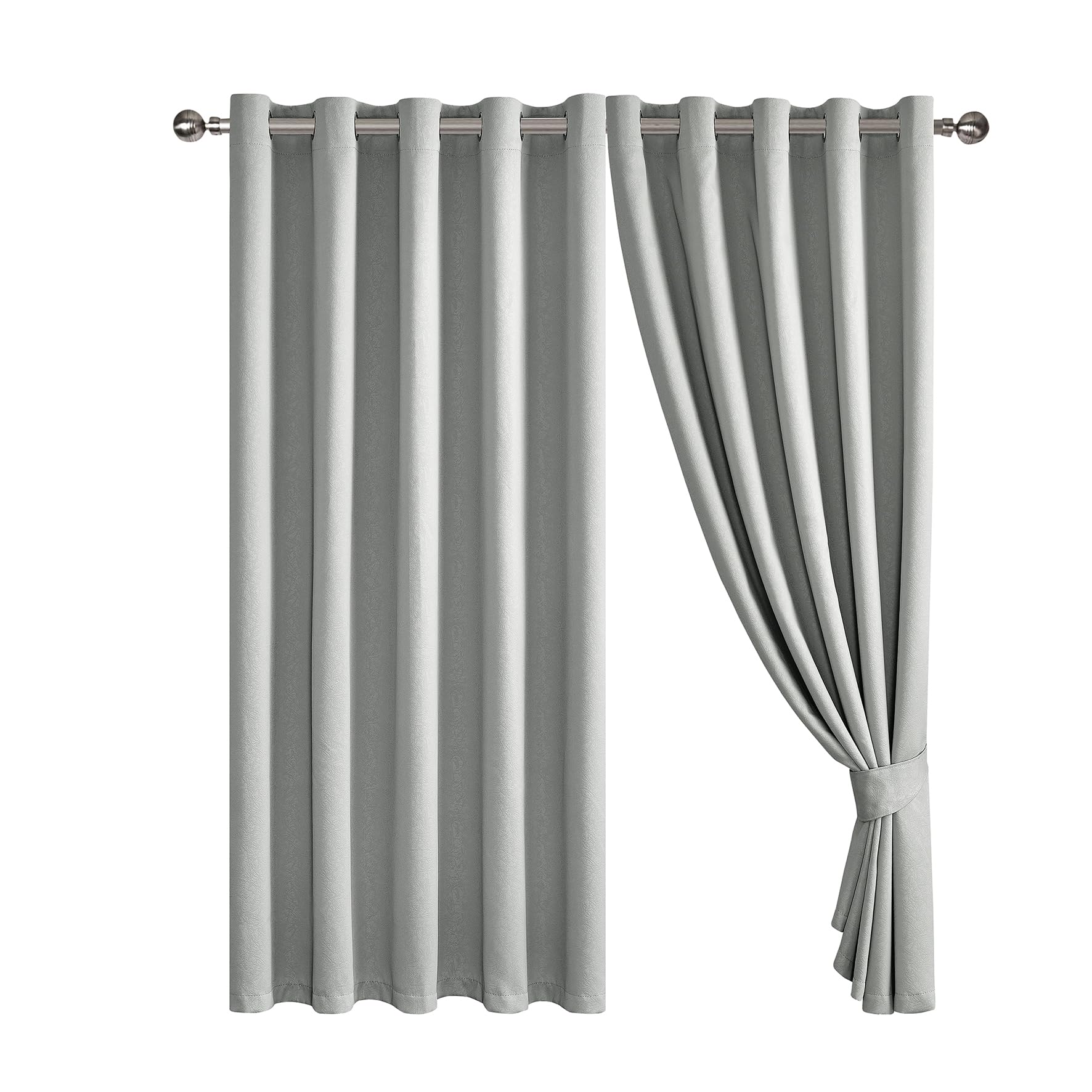 Blackout Curtains Embossed Leaf Jacquard - Polyester Room Darkening Eyelet Grommet Panels, Thermal Insulated Solid Foliage Pattern with Tiebacks Included (Silver, 66" x 54" (168 x 137 cm))