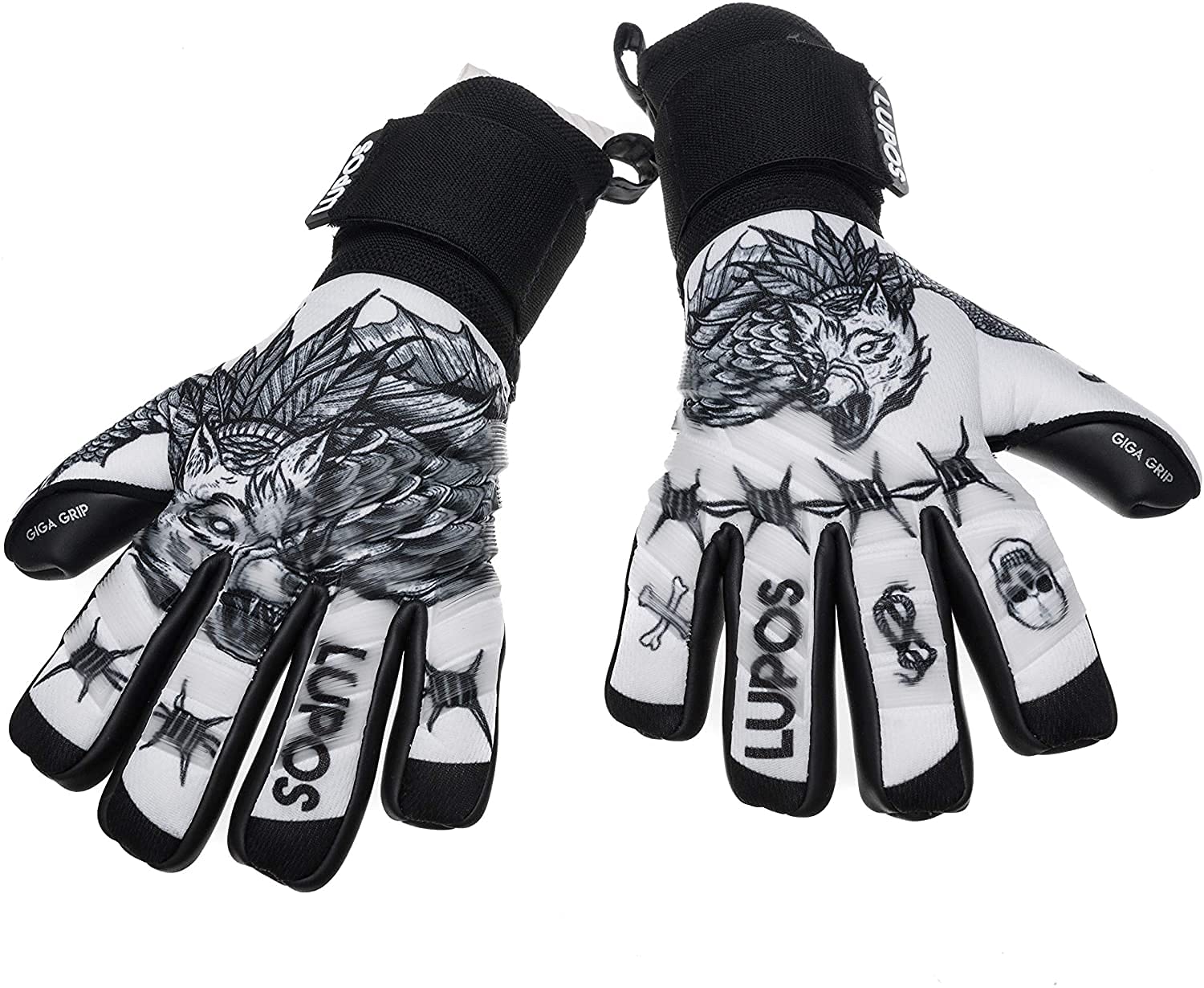 LUPOS Guanti da portiere per adulti e bambini, taglio negativo, 4 + 3 mm, Giga Grip Palm, dorso in rete con stampa digitale e modanature trasparenti in silicone.