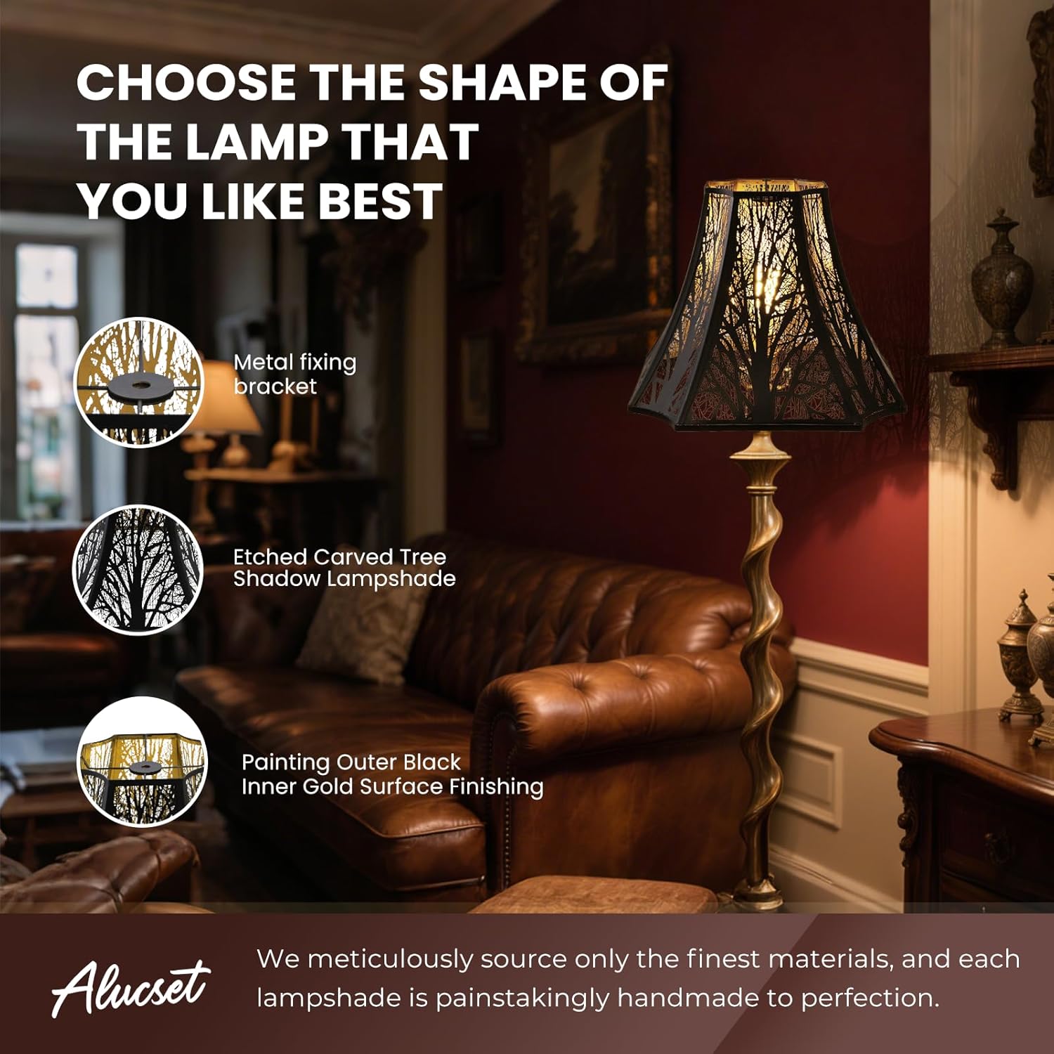 ALUCSET Octagonal Lamp Shade, 6.2×13×10.8" Large Black and Gold Lamp Shade Replacement for Table Lamps and Floor Lamp, Large Lampshade with Etching Progress Tree Pattern Metal Spider Fitter