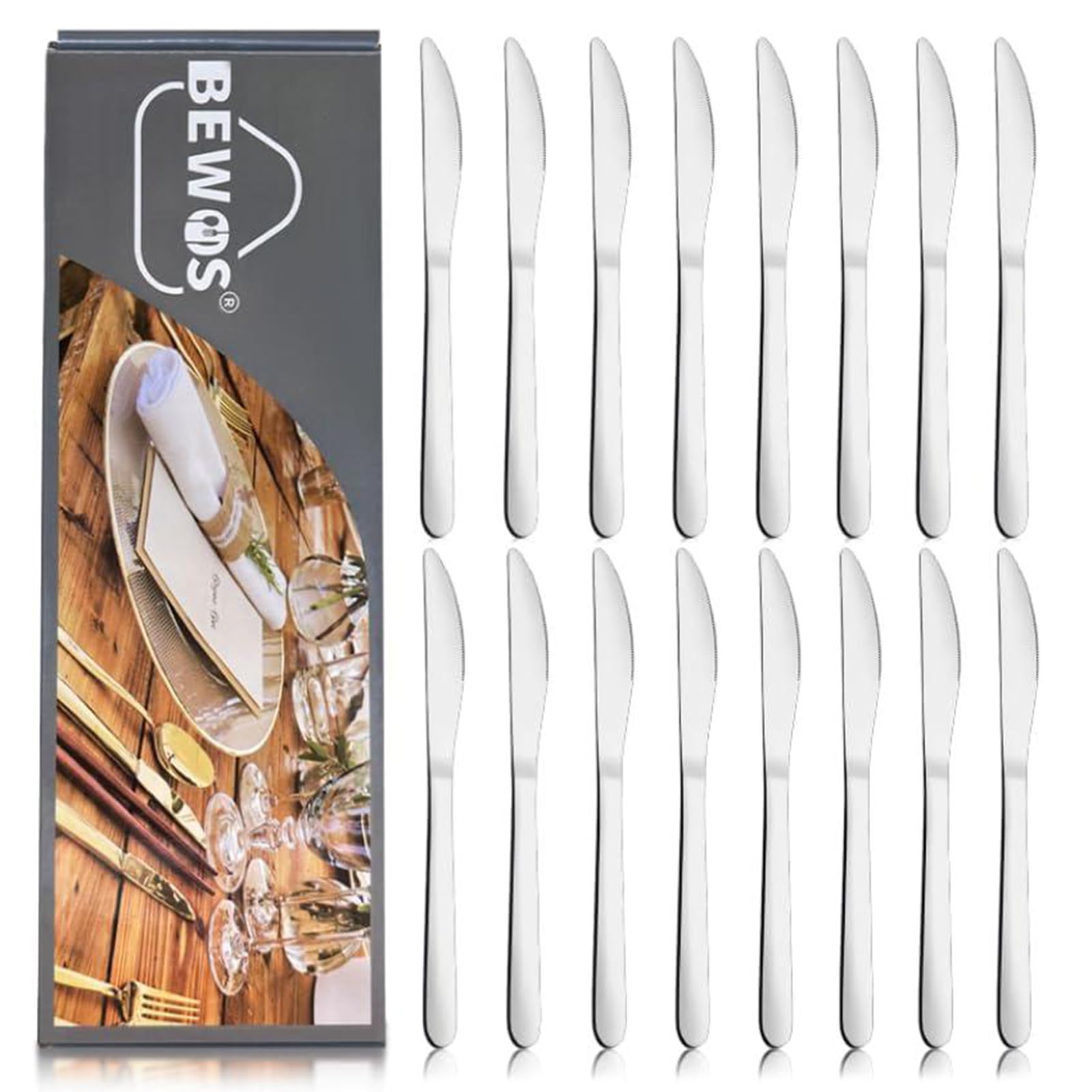 BEWOS Set di 16 Coltelli da Tavola, Coltelli da 9,1''(23,2cm), Coltelli da Cena in Acciaio Inox, Iucidati a Specchio, Lavabili in Lavastoviglie, Coltelli da Tavola per la Casa, il Ristorante e l'hotel