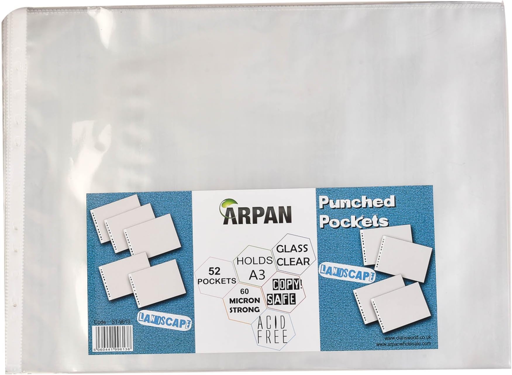 ARPAN Punch Pockets A3 Size Landscape Acid Free 60 Micron Strong Glass Clear Plastic Poly Pockets Wallet Sleeves (Pack of 52)