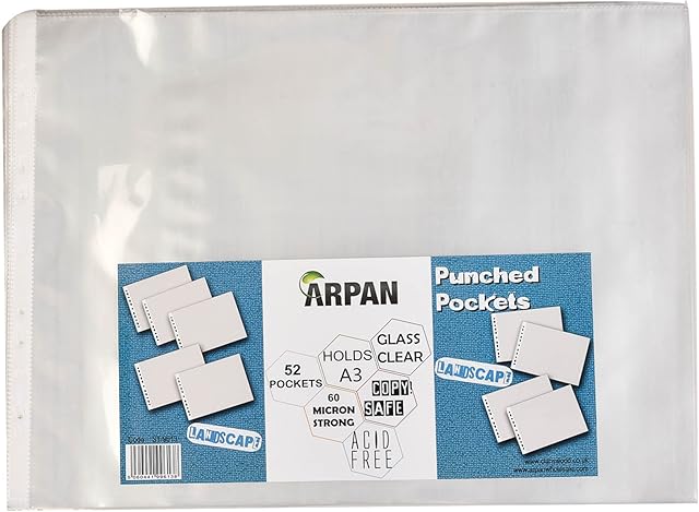 Punch Pockets A3 Size Landscape Acid Free 60 Micron Strong Glass Clear Plastic Poly Pockets Wallet Sleeves (Pack of 52)