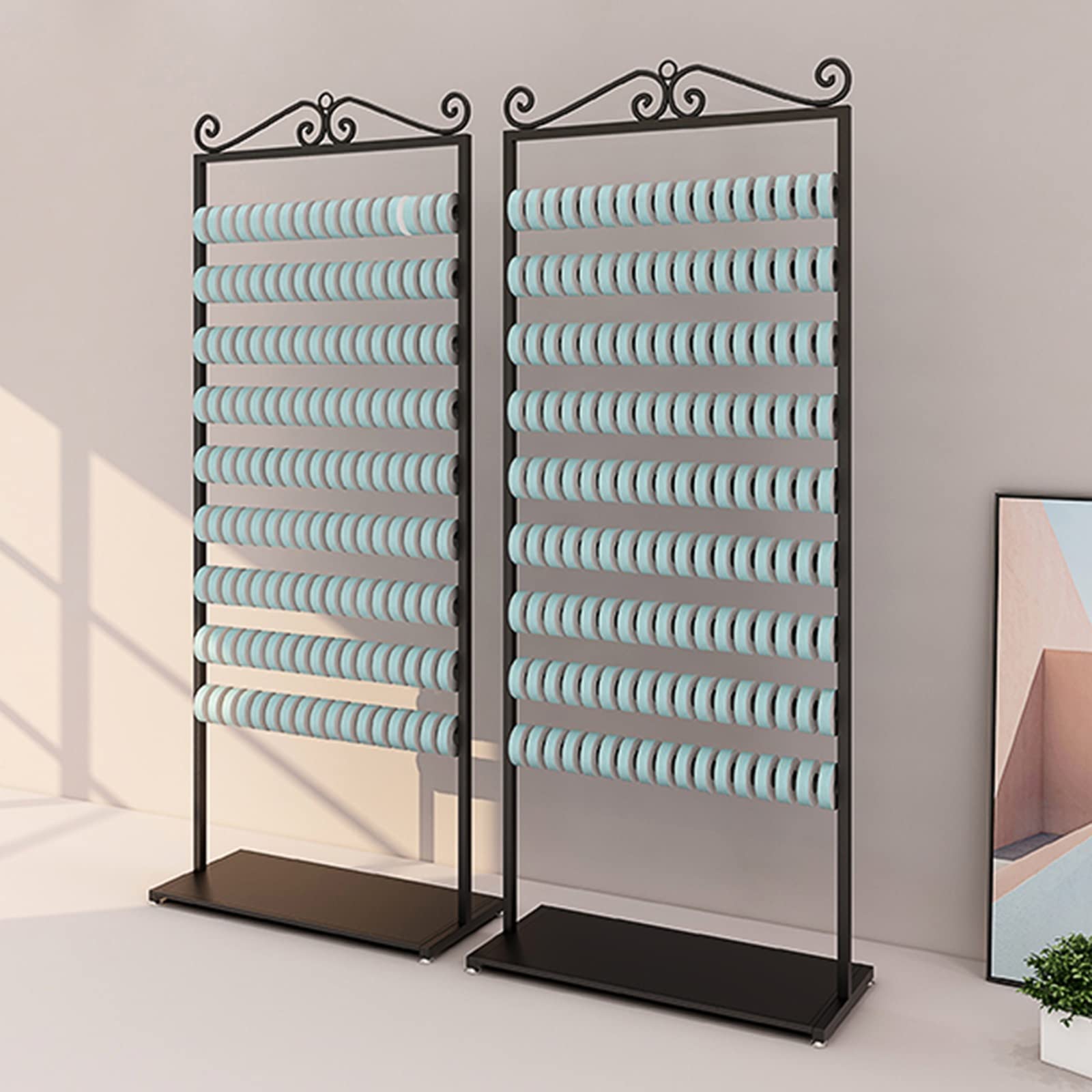 UWYTGF Heavy Duty 9 Layer Scarf Holder Organizer,Metal Large Capacity Vertical Multifunctional Display Stand Rack for Silk Ribbon/Wrapping Papers/Shawl/Towel,Small Space,Black,90Cm Length