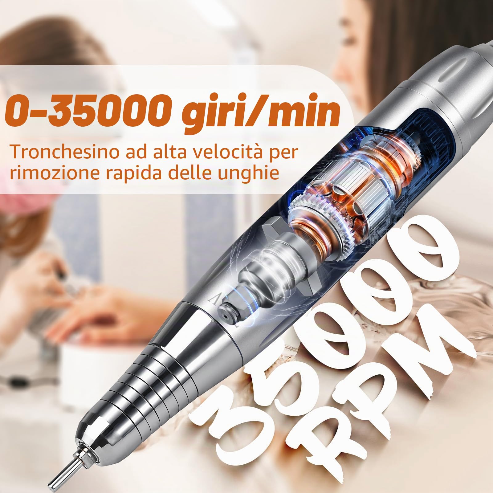 CIVPOWER Fresa per unghie in gel: fresa elettrica professionale 35000 giri/min, con batteria da 4000 mAh, 13 in 1, fresa per manicure e pedicure