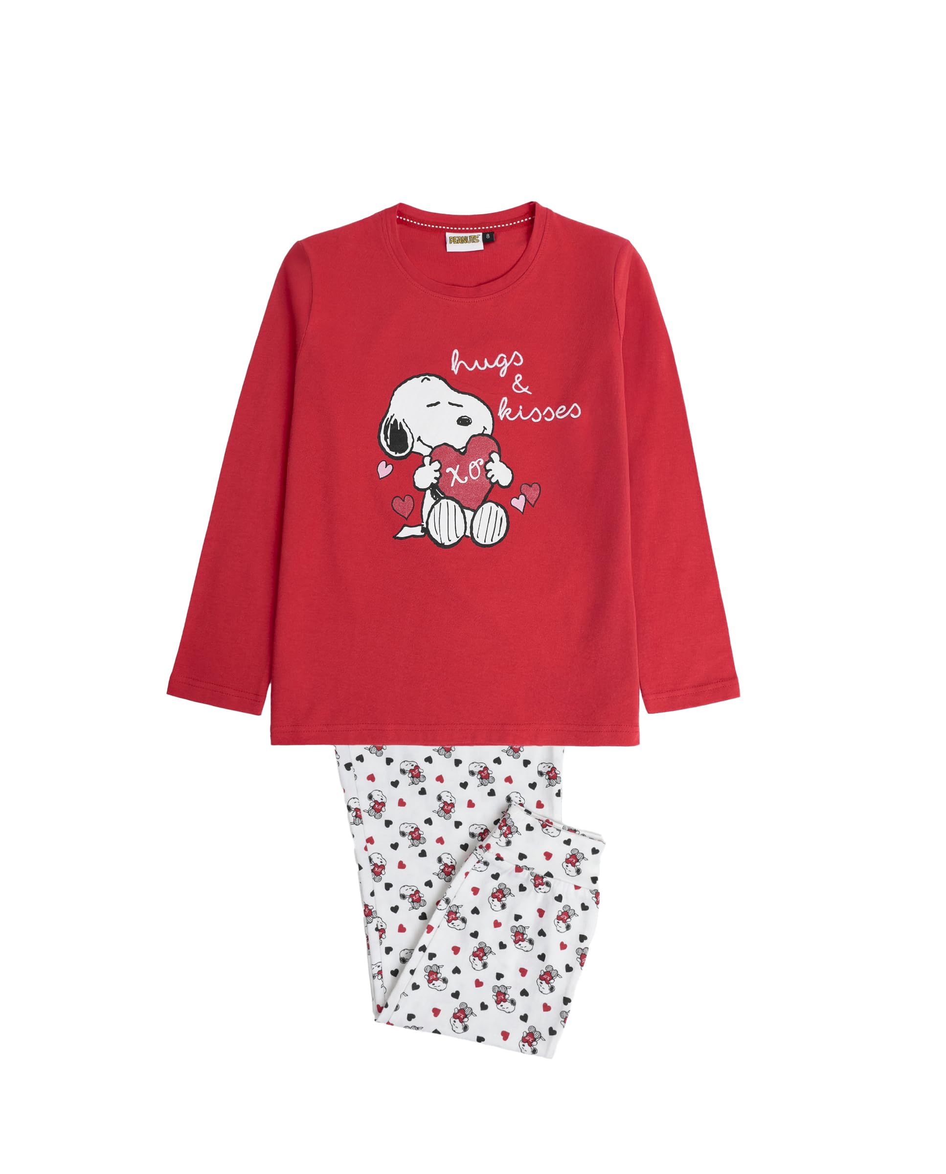 PEANUTS Pijama niña Manga Larga in my Heart en algodón, Cuello Redondo y Camiseta con Detalles Bordados, pantalón Largo Cinturilla Ajustable y Bolsillos, Conjunto para Dormir