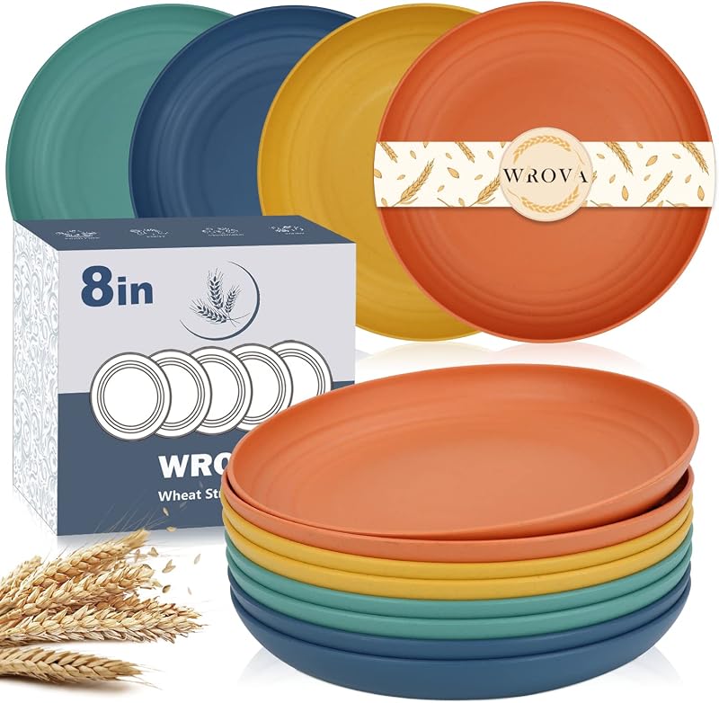 Wrova Platos de paja de trigo – Juego de 8 platos irrompibles de 8 pulgadas – Platos de plástico reutilizables aptos para lavavajillas y microondas – Plato ligero para cocina, R.V. (Serie colorida)