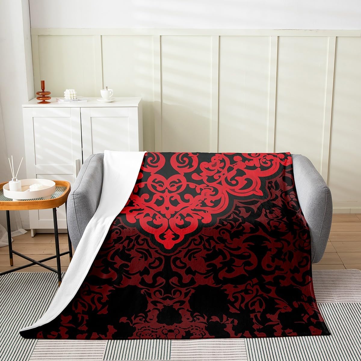 Erosebridal Black Red Fuzzy Blanket,Boho Floral Blanket Queen 90x90