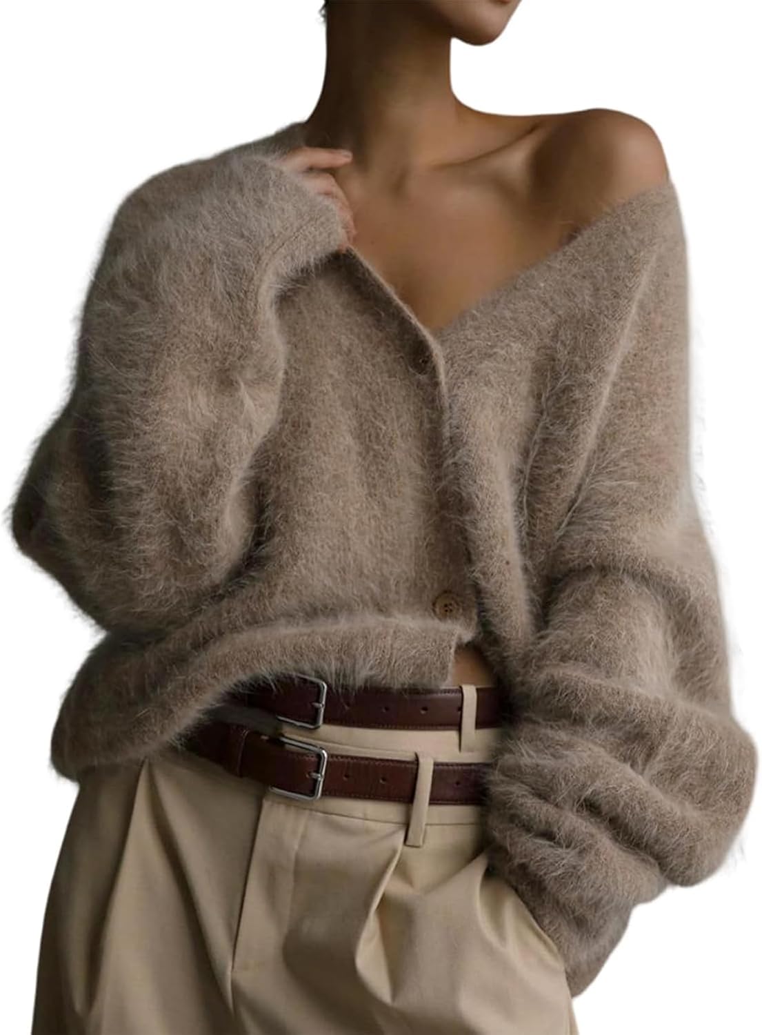 Flygo Womens Fuzzy Mohair Cardigan Sweaters V Neck Button Down Long Sleeve Fluffy Knit Open Front Slouchy Furry Sweater