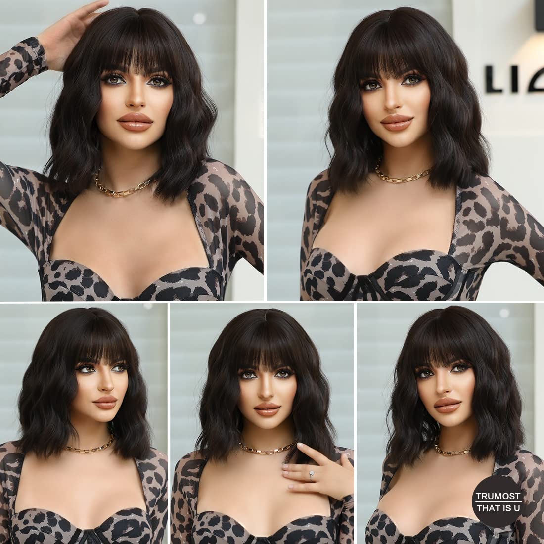 Brown Short Wavy Wig with Bangs - Synthetic Curly Wave Wig Heat Resistant, Natural Glueless Water Wave Wig Shoulder Length for Women Girls Daily Party Costume 12 inch