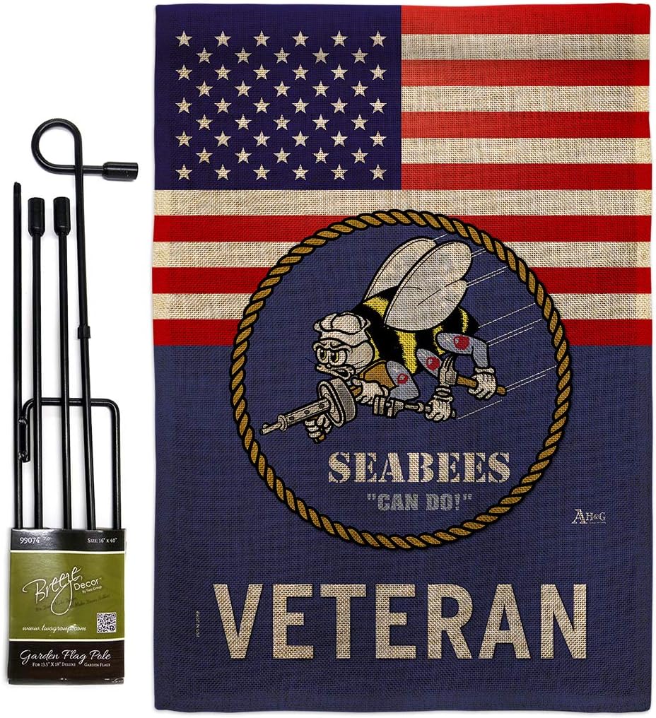 US Seabees Veteran Burlap Burlap Garden Flag Set with Stand Armed Forces Navy USN Seabee United State American Military Retire Official Small Gift Yard House Banner Double-Sided Made In USA 13 X 18.5