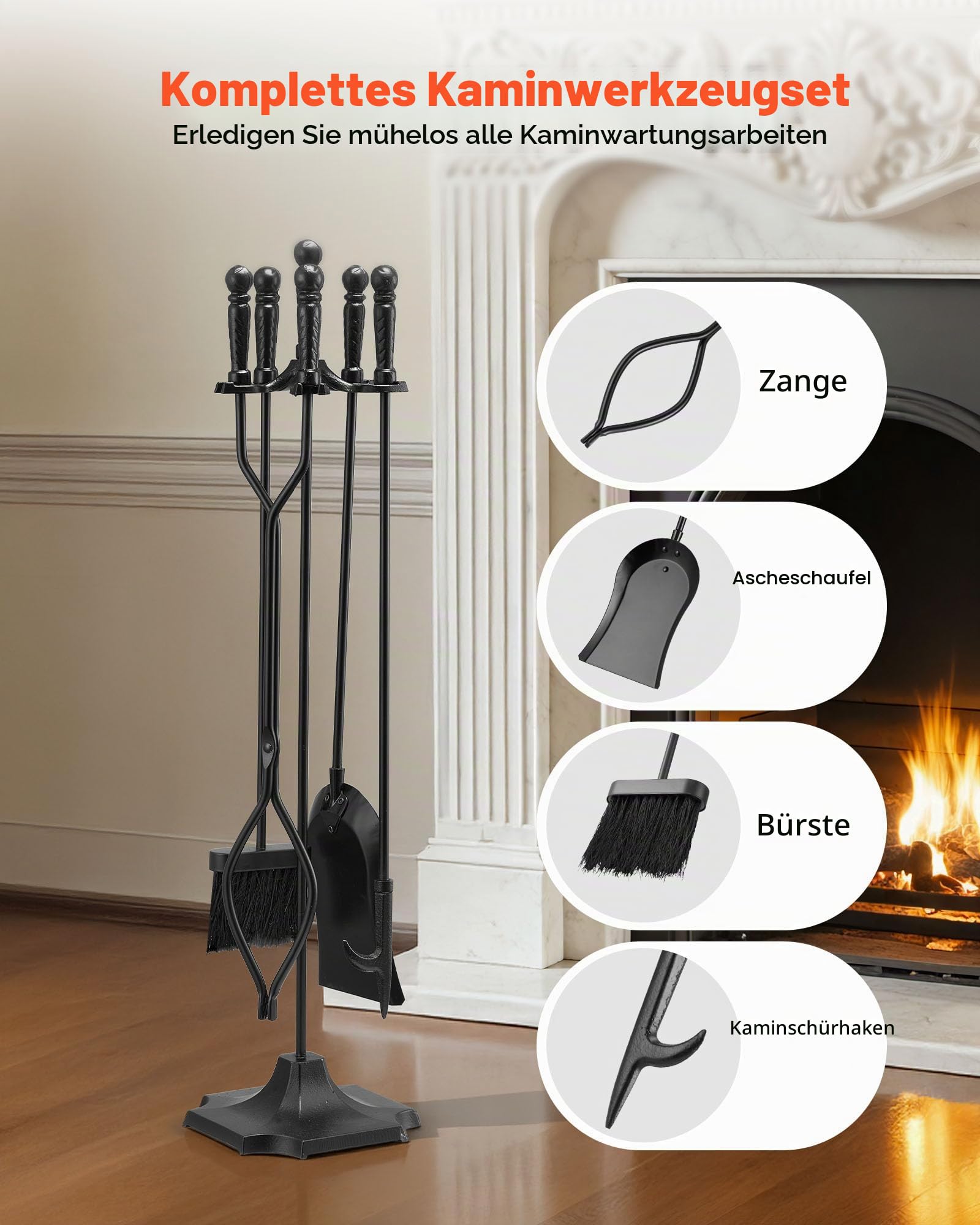 VEVOR Kaminbesteck-Set, 5-tlg. Ofenbesteck-Set, fünfzackiger Ständer, Zange, Ascheschaufel, Bürste, Schürhaken, Kaminzubehör aus Schmiedeeisen für Lagerfeuer drinnen/draußen, Schwarz