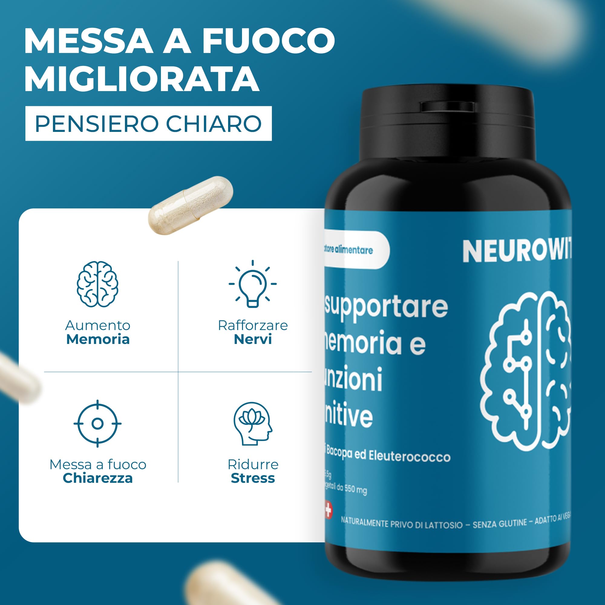 ORBIS NEUROWIT per me Memoria e funzione cognitiva Sulemet con Bacoa Moieri e Ahwagadha Ridurre lo stress e creare concentrazione AtiStre Suort per me 90 Caule