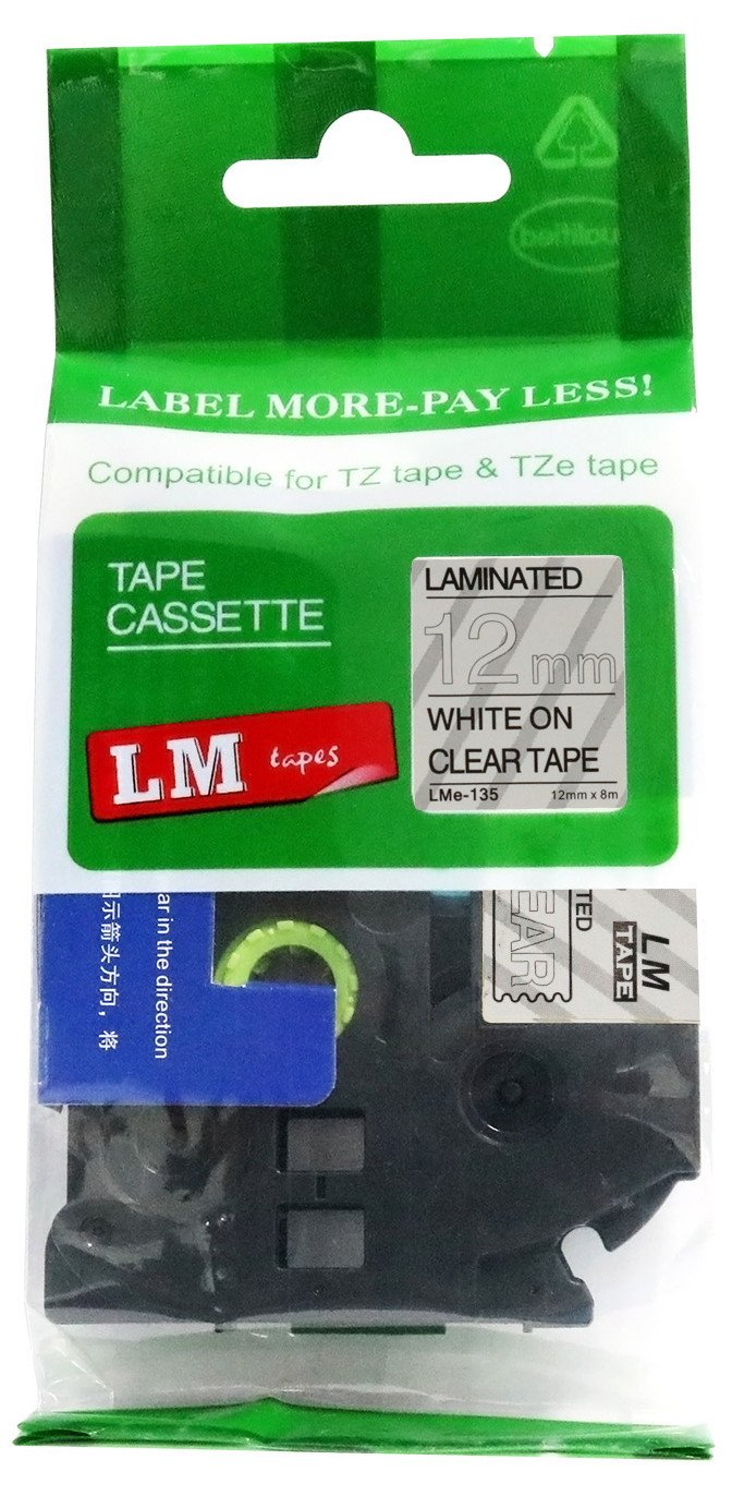 LM Tapes - Brother PT-D200 1/2" (12mm 0.47 Laminated) White on Clear Compatible TZe P-touch Tape for Brother Model PTD200 Label Maker with FREE Tape