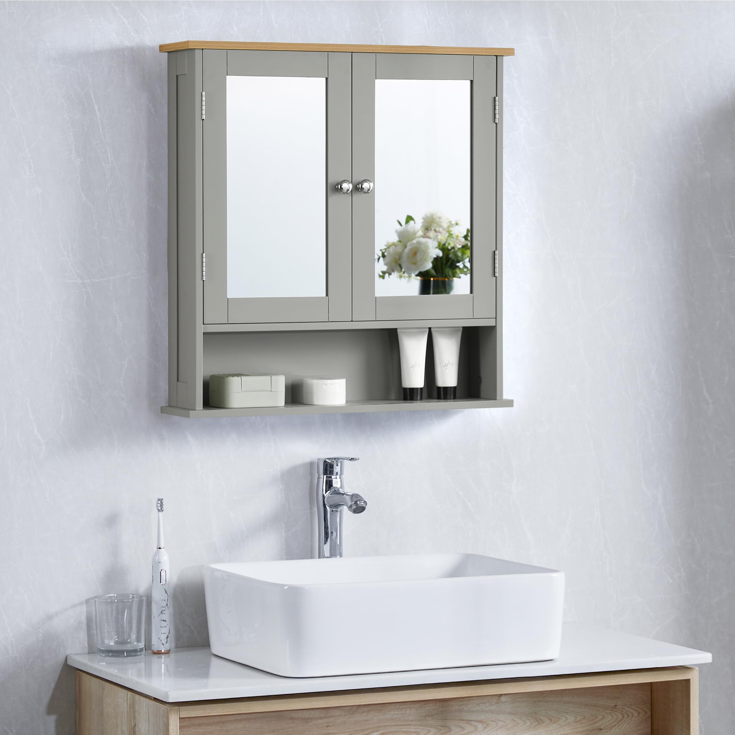 Bath Vida Priano Double Door Bathroom Cabinet, Wood, Grey & Oak, Mirrored Wall Mounted Storage Furniture