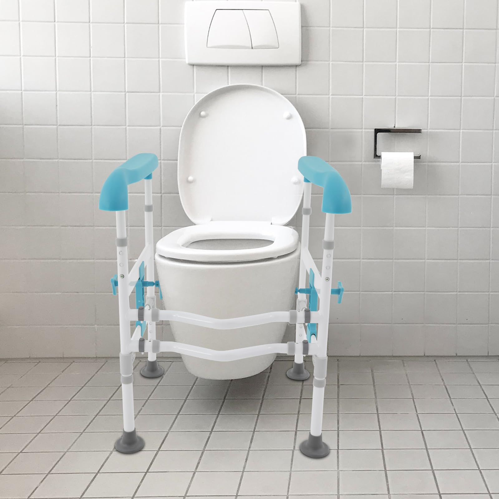 Szyny ochronne do WC ze stali wysokowęglowej, wysokości: 63-76 cm i szerokości: 57-61 cm, pomoc przy wstawaniu, toaleta z podwójnymi zaciskami i podłokietnikami, obciążenie 150 kg, dla osób starszych