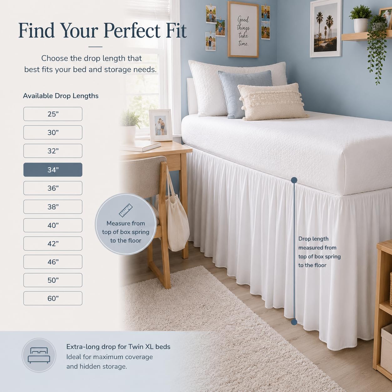 Dorm Bed Skirt Twin XL-42 Inch Drop, Easy Wrap Around Elastic Dust Ruffle, Hide Underbed Storage, Soft Wrinkle Resistant Microfiber, College Dorm Bedding, White