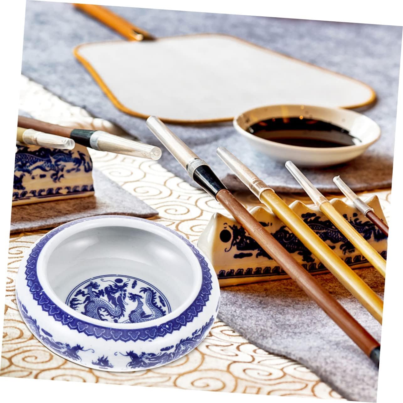 Chinese Calligraphy Ink Dish Set 2-Piece Ceramic Brush Pen Holder Multifunctional Ink Bowl for Art Supplies for Painting and Calligraphy