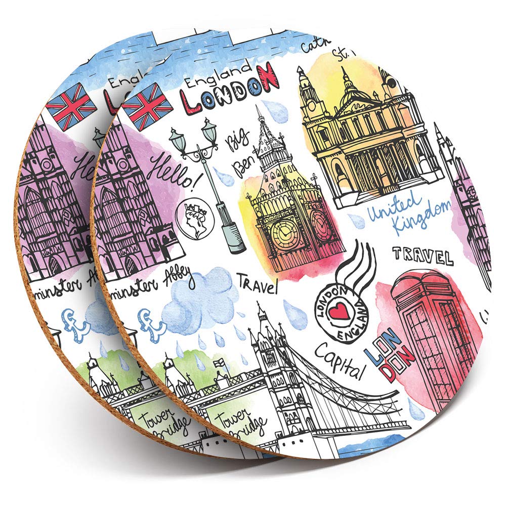Destination Vinyl ltd 2 x MDF Glossy Top Coasters Round - London Travel Souvenir England 13032