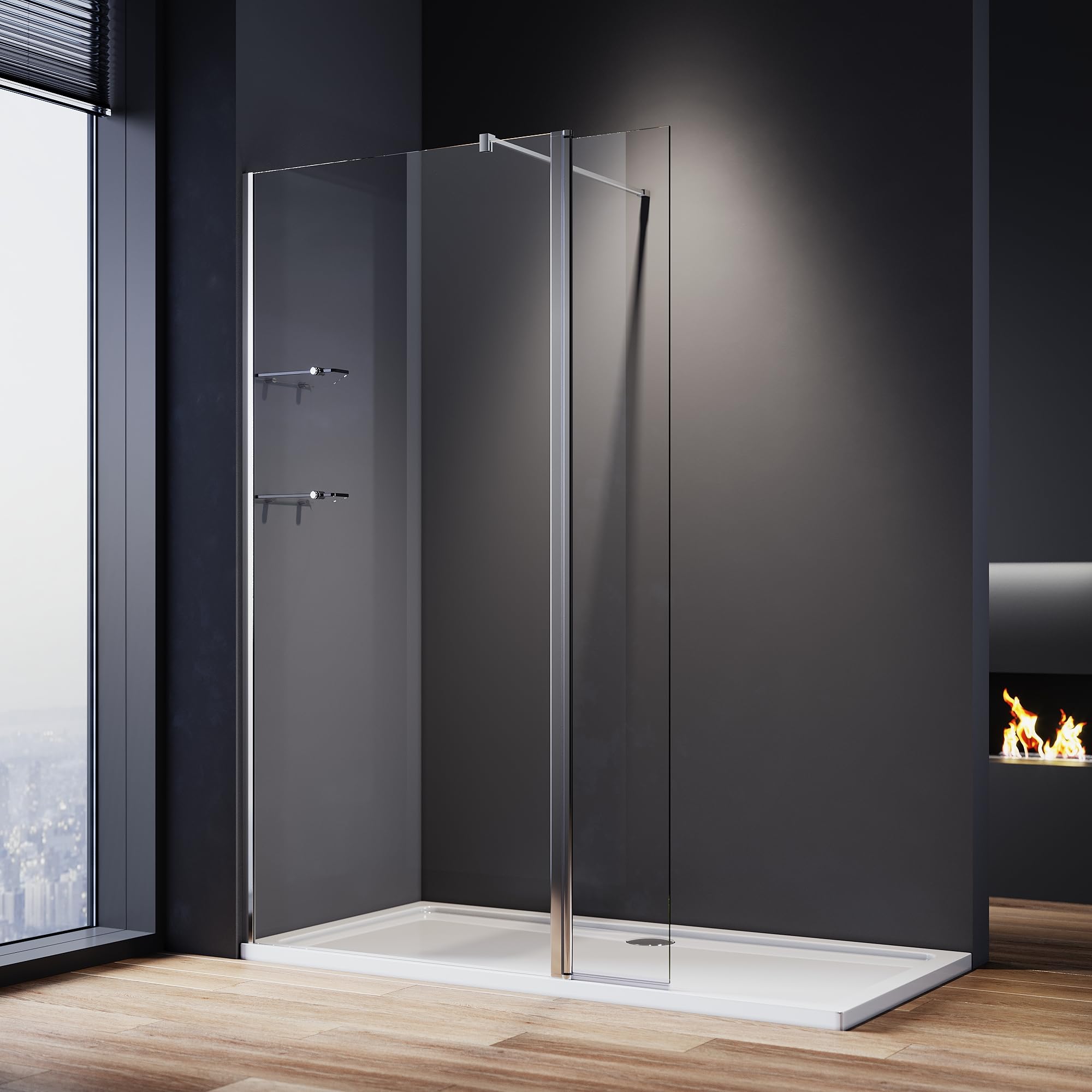 ELEGANT Walk in Shower Enclosure with Two Shelves Tempered Glass for Shower Cubicles Wet Room Shower Screen Bath 1100mm with 300mm Flipper Panel