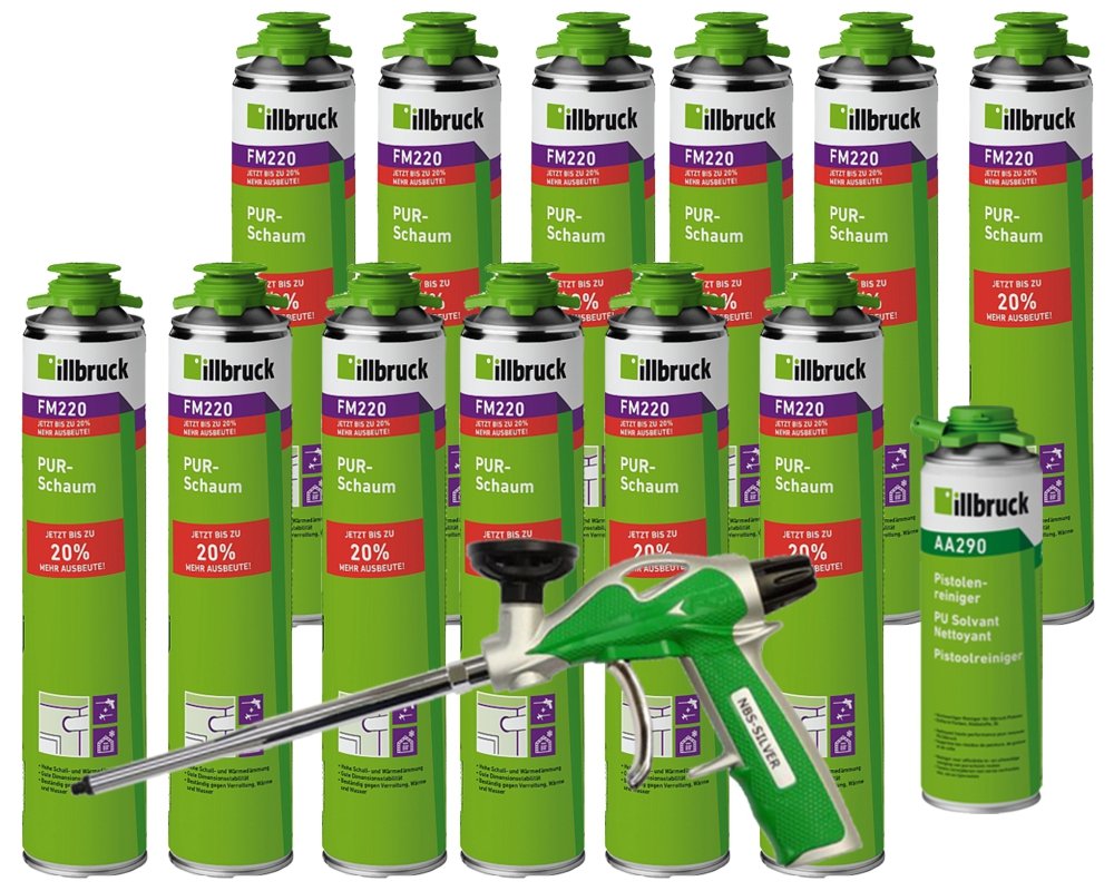 illbruck - Set professionale 12 x FM220 schiuma poliuretanica da 750 ml + detergente illbruck AA290 + pistola a schiuma illbruck AA270 Pro+