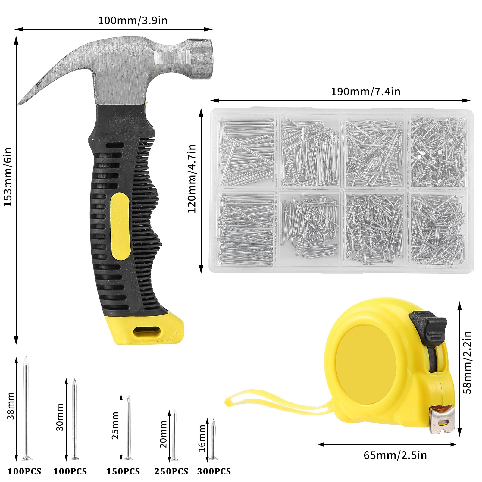 Kit 900 Chiodi in Acciaio 8-in-1, Martello Mini Carpentiere 282g, Metro a Nastro 3m - Fai-da-Te