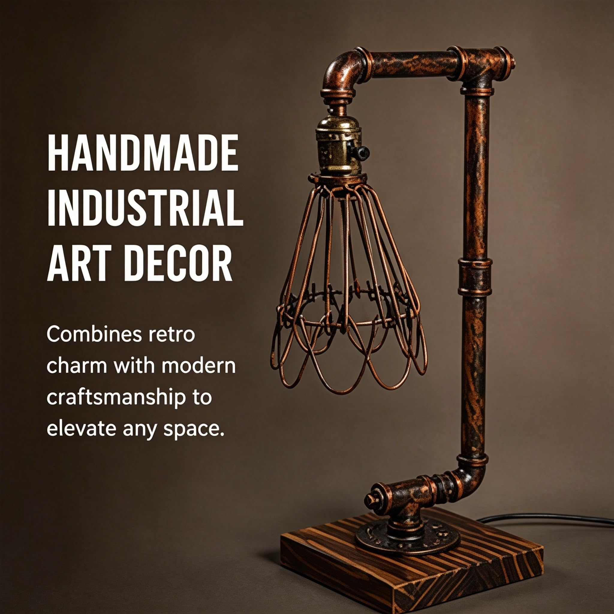 Lampada da tavolo a tubo d'acqua, stile vintage, industriale, E27, in metallo, lampada da tavolo Steampunk, in ferro, loft, per camera da letto, soggiorno (18 x 15 x 46 cm)