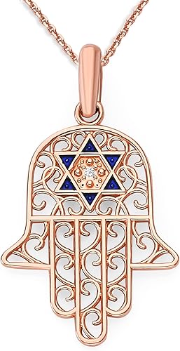 Pome Hamsa - Collar con colgante de mano con piedra de diamante en oro macizo de 14 quilates esmalte azul fabricado en Estados Unidos