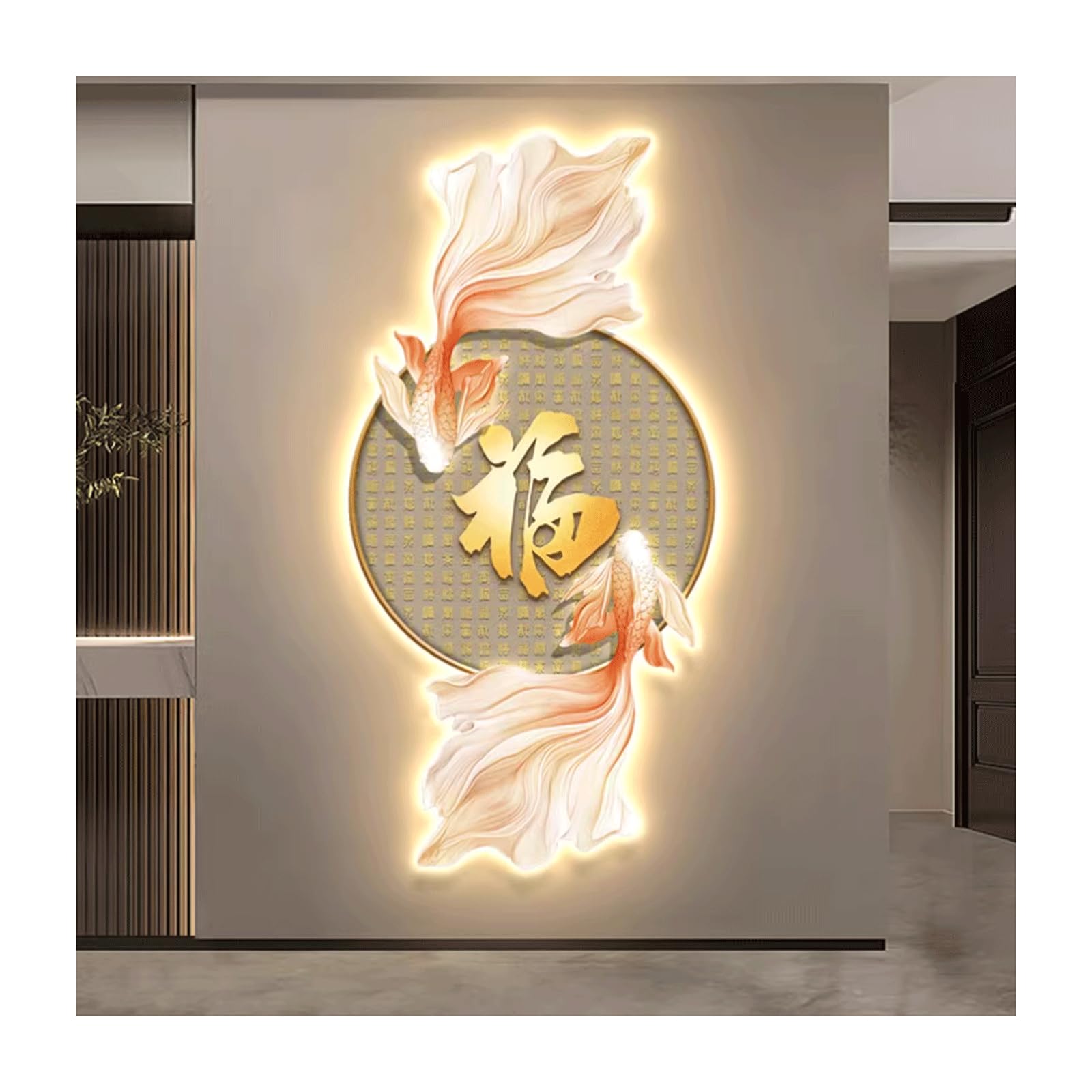 Pintura Decorativa Luminosa Koi Arte de Pared 3D LED Moderno con Ligera bendición afortunada esculturas de Pared de la Carpa Mural de Entrada iluminada para la Sala de Estar
