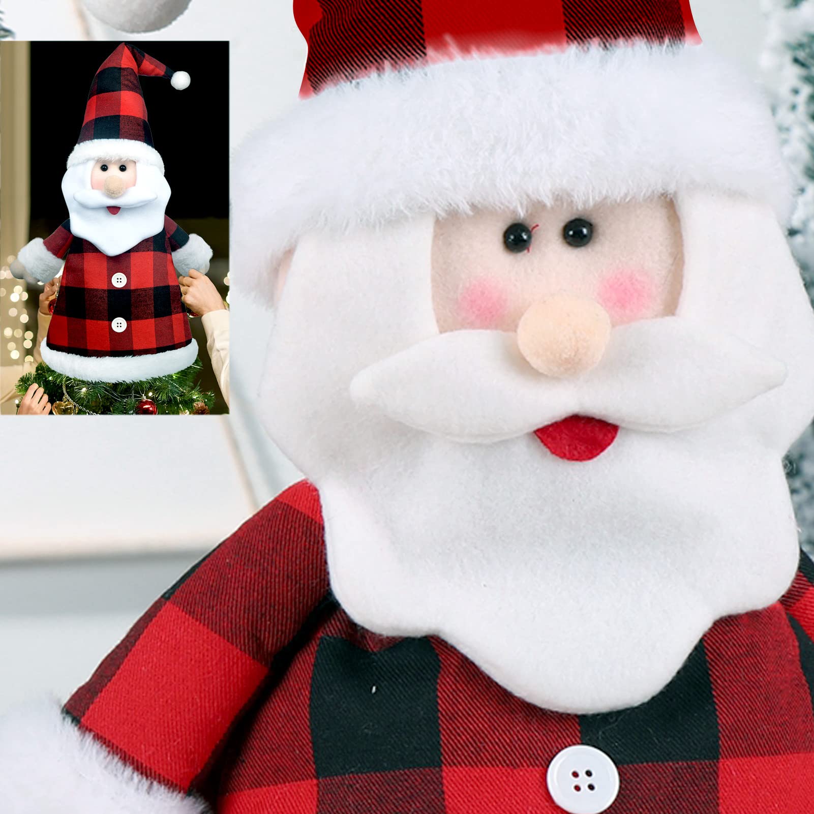Santa Christmas Tree Topper Decorations,26 Inch Large Rustic Buffalo Plaid Hat Santa Claus Ornaments for Xmas Holiday Winter Party Home Funny Decor