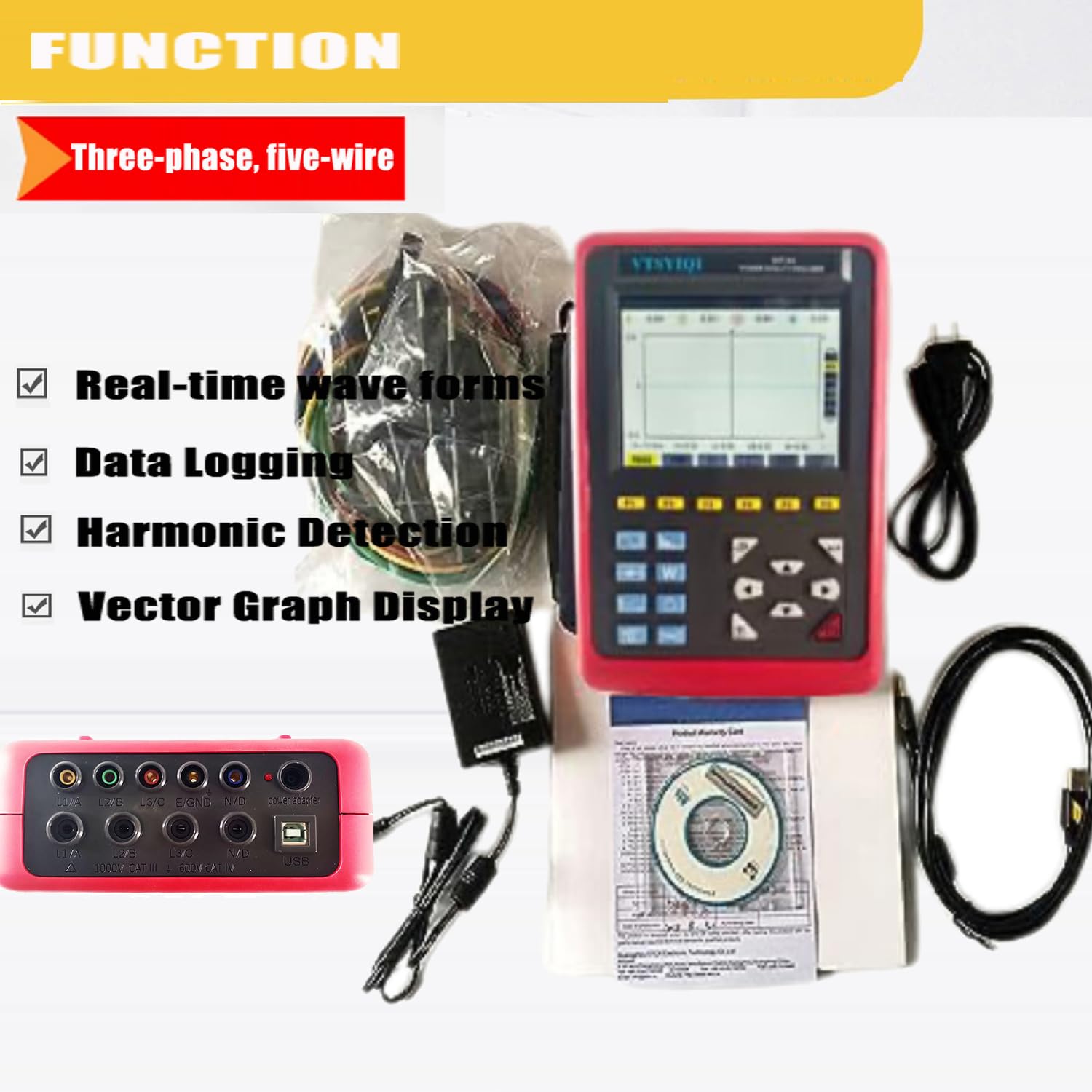 Power Quality Logger Power Quality Recorder Power Quality Meter Three-Phase Energy Quality Data Logger with PC Software Measurement Range 10A ~ 6000A Harmonic Mode USB Interface