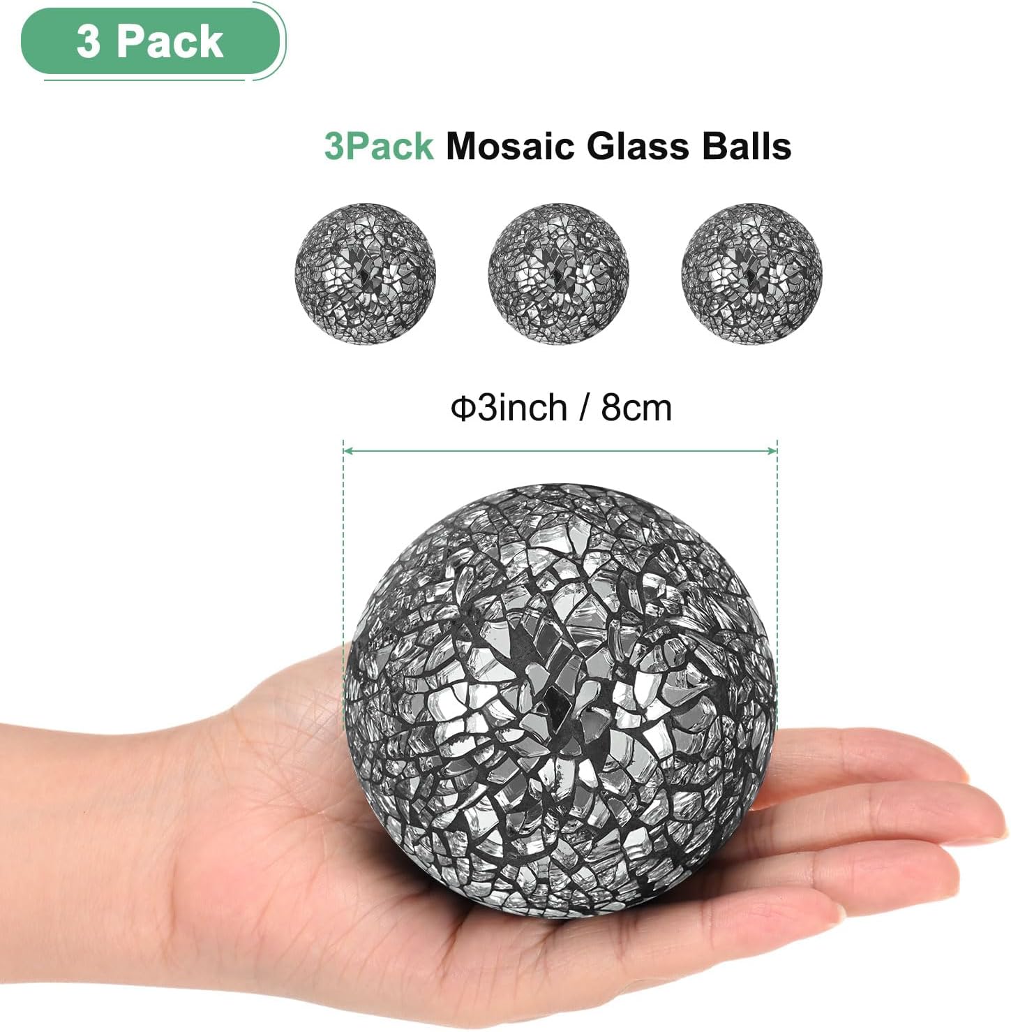M METERXITY 3-Pack Decorative Ball for Bowls, 3 Inch Mosaic Glass Balls Decorative Glass Orbs for Home Decor/Dining Tables/Wedding Party/Coffee Table/Centerpiece Decor [Black]