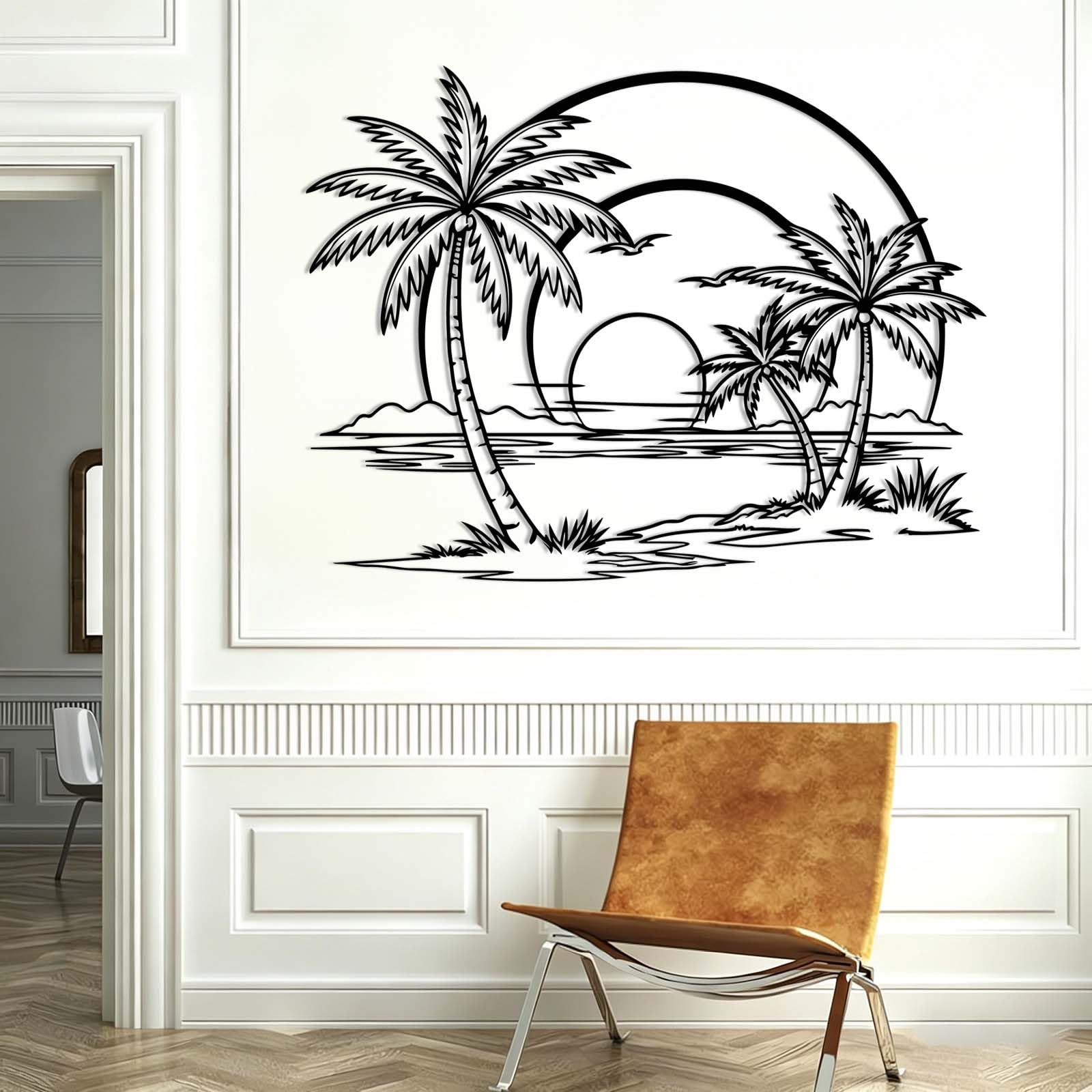Schwarze Möwen aus Metall bei Sonnenuntergang, Tropische Palmen aus Metall bei Sonnenaufgang, minimalistische Palmen-Dekoration, Moderne Skulptur für Wohnzimmer, Schlafzimmer, Flur und Trepp