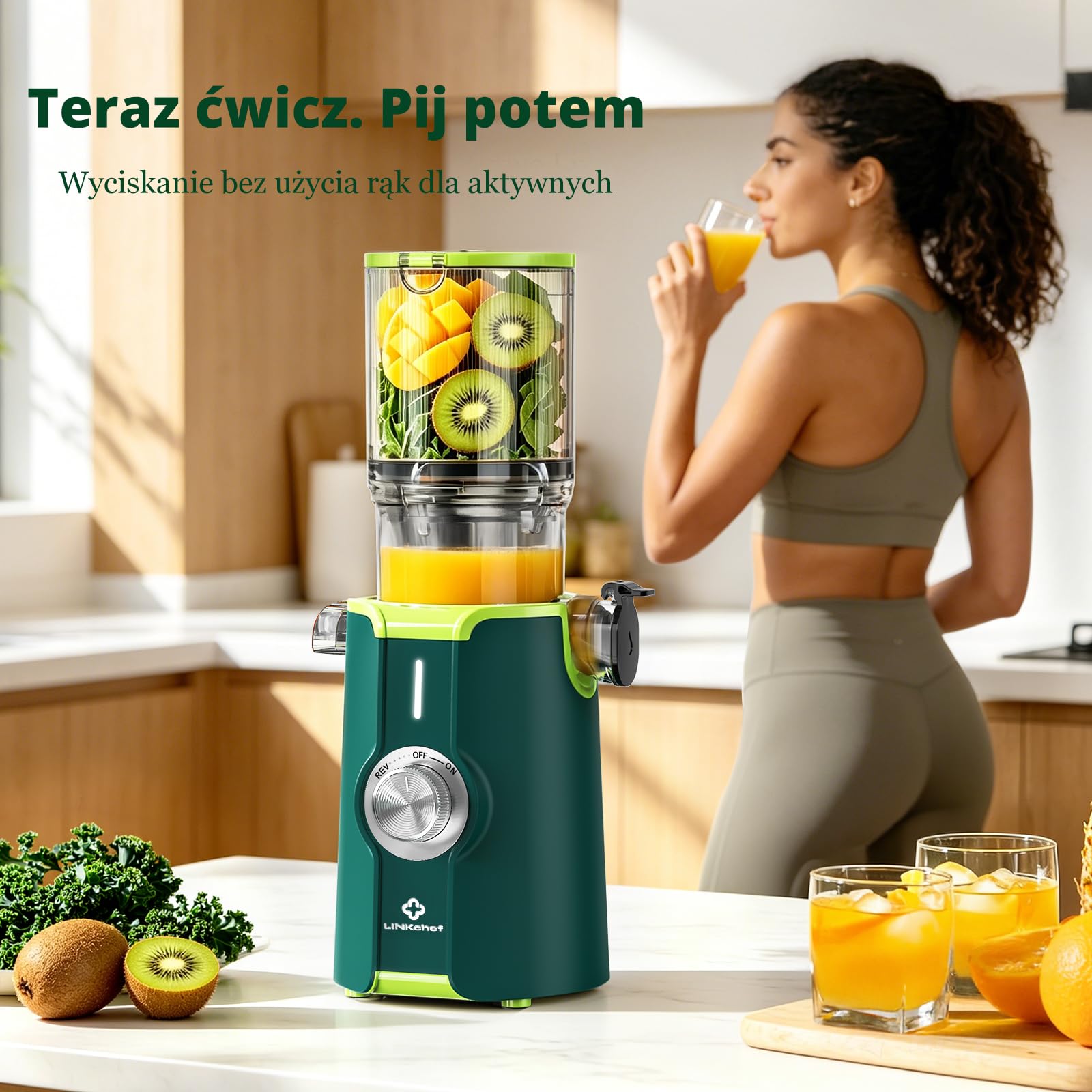 LINKChef Sokowirówka wolnoobrotowa, elektryczna wyciskarka do całych warzyw i owoców, łatwa instalacja, nie zawiera BPA, 115 mm, 200W, Zielony
