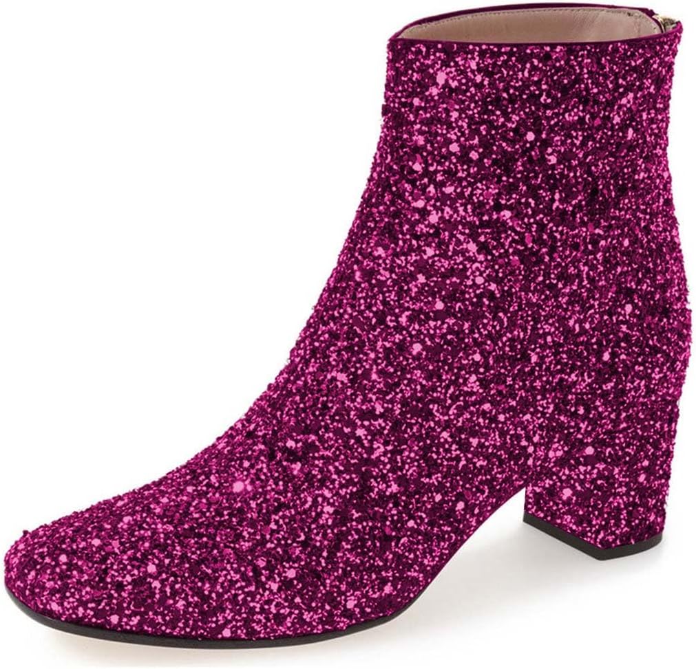 XYD Women Glitter Low Block Heel Ankle Boots Round Toe Festival Party  Booties Shoes with Zip