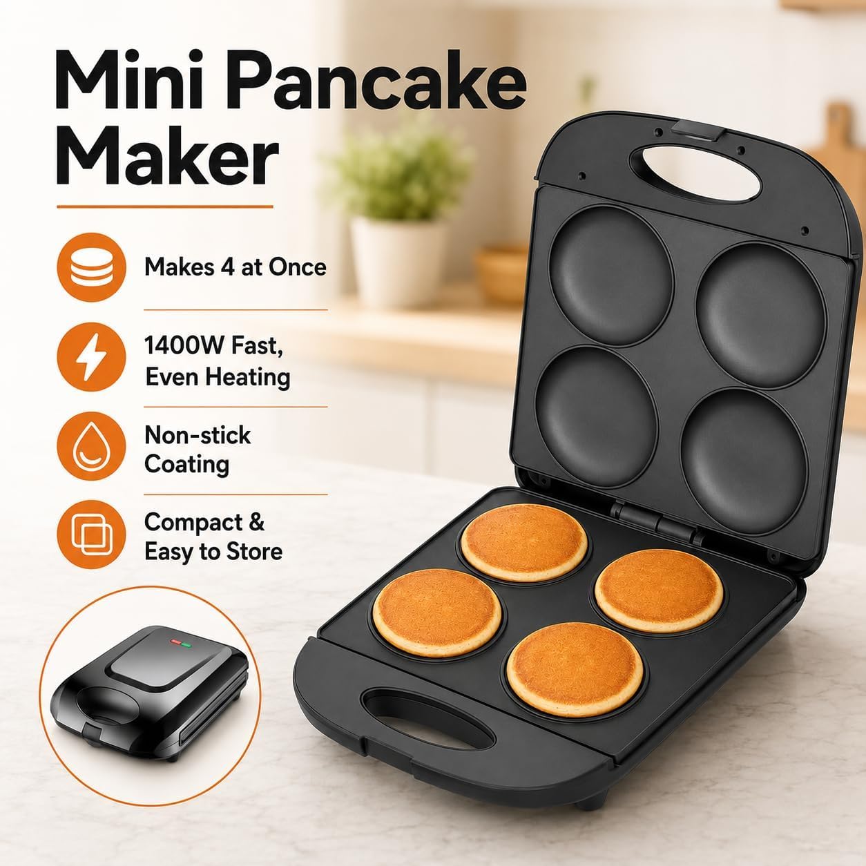 Mini Machine à crêpes électrique, Assiettes antiadhésives 1400W, Fait 4 crêpes, flapjacks, Muffins, œufs frits, Hamburgers et omelettes