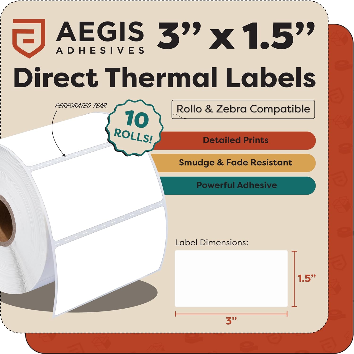 Aegis Adhesives - 3" X 1.5" Direct Thermal Labels (10 Rolls, 900 Labels/Roll) for Shipping and Postage - Perforated, Compatible with Rollo, Zebra, and Other Desktop Label Printers