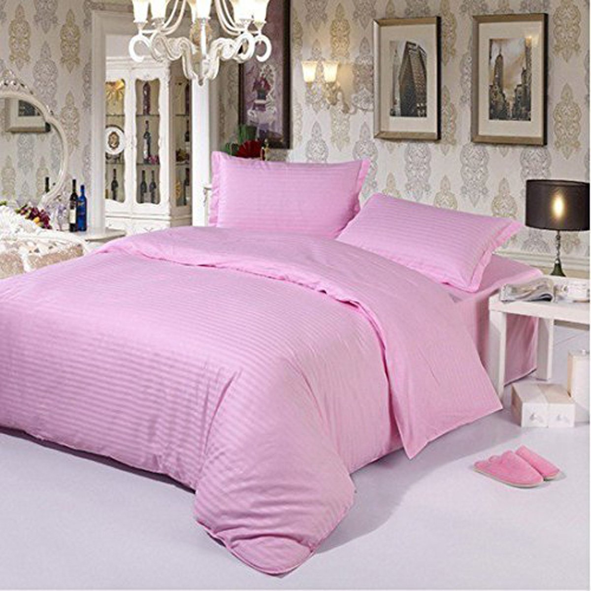 Sky Tex Plain Pink Color Satin Striped 180 TC Double Bed Size Zipper Duvet Cover-image-40