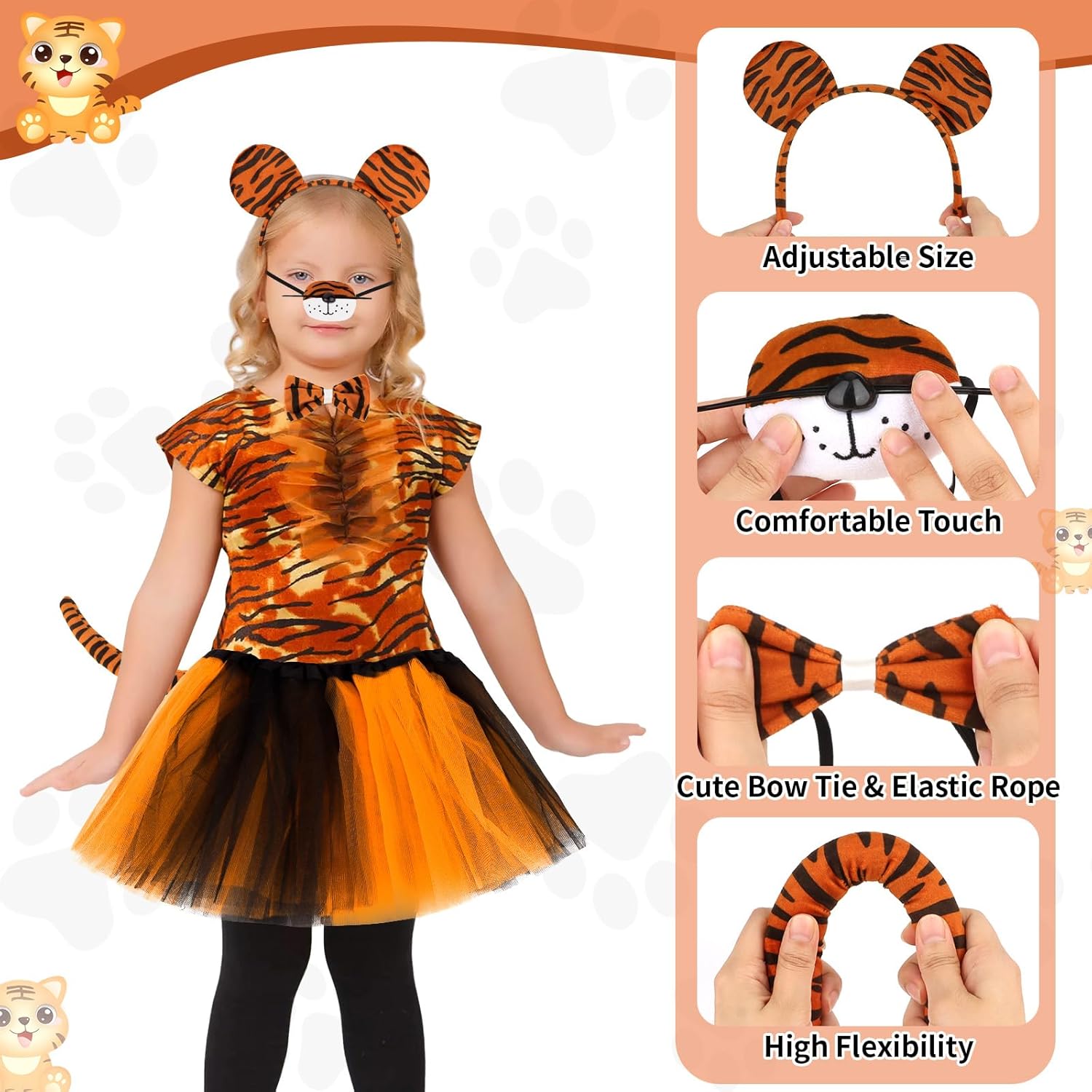 CIEHER Tiger Costume Set - Tiger Ears Headband Nose Bow Tie Tail and Tulle Skirt for Halloween/Birthday/Cosplay Animal Decorations - Image 4