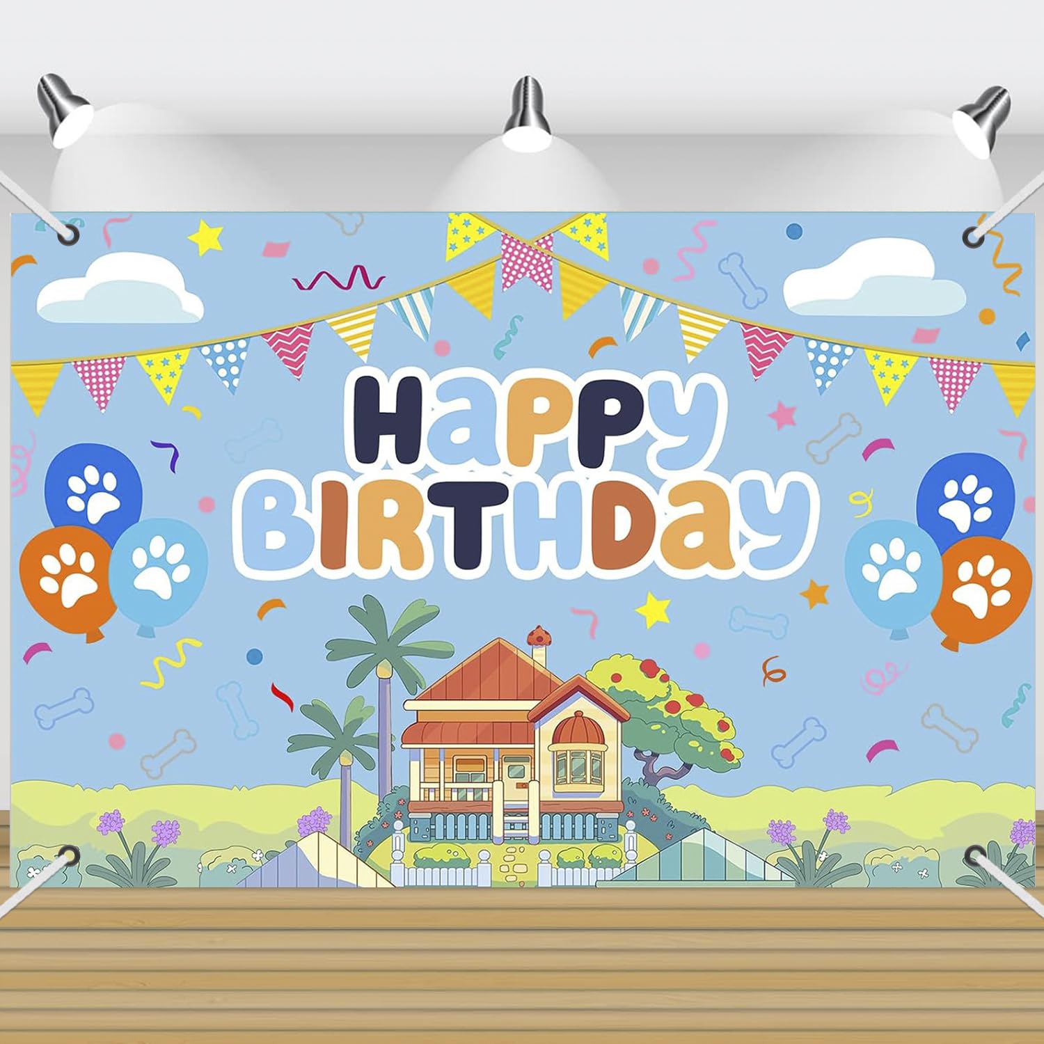 5x3ft Blue Dog Birthday Backdrop with 32ft Ribbon, Birthday Party Decoration Background, Cute Cartoon Animal Theme Photo Banner for Kid, Adult (Style D)