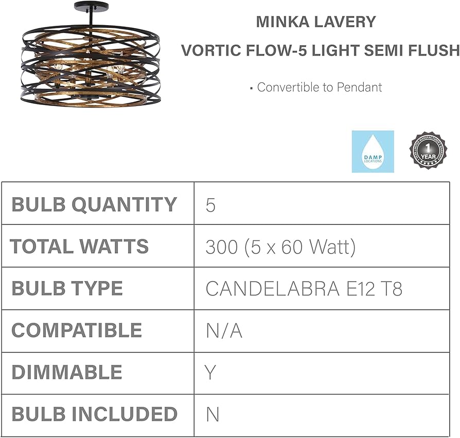 Minka Lavery 4671-111 Vortic Flow Semi-Flush, 5-Light, 300 Total