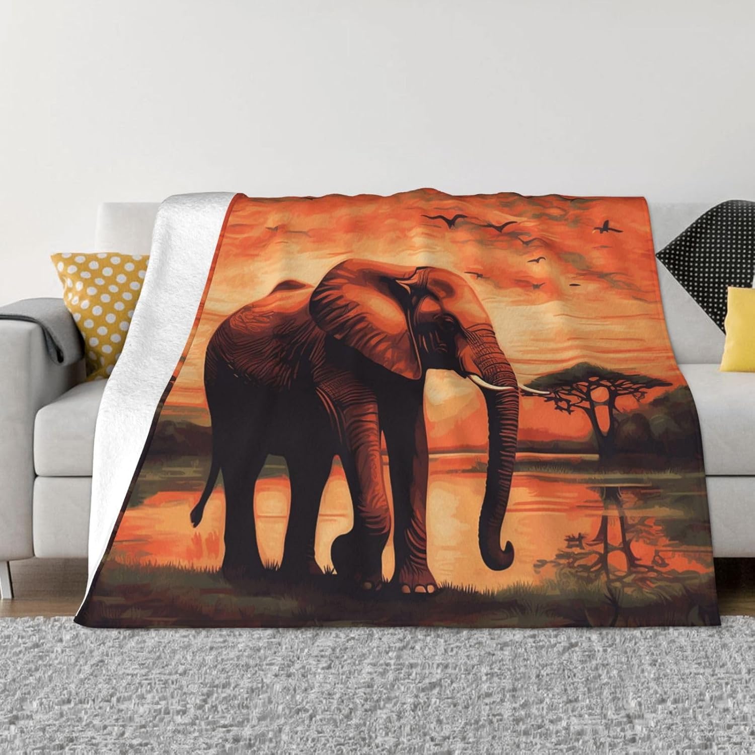 Flannel Fleece Throw Blanket 60"x50", Lightweight Plush Blanket for Bed, Soft Cozy Warm Blankets for Chair, Reversible Blanket for Couch Blankets and Throws Sunset Elephant