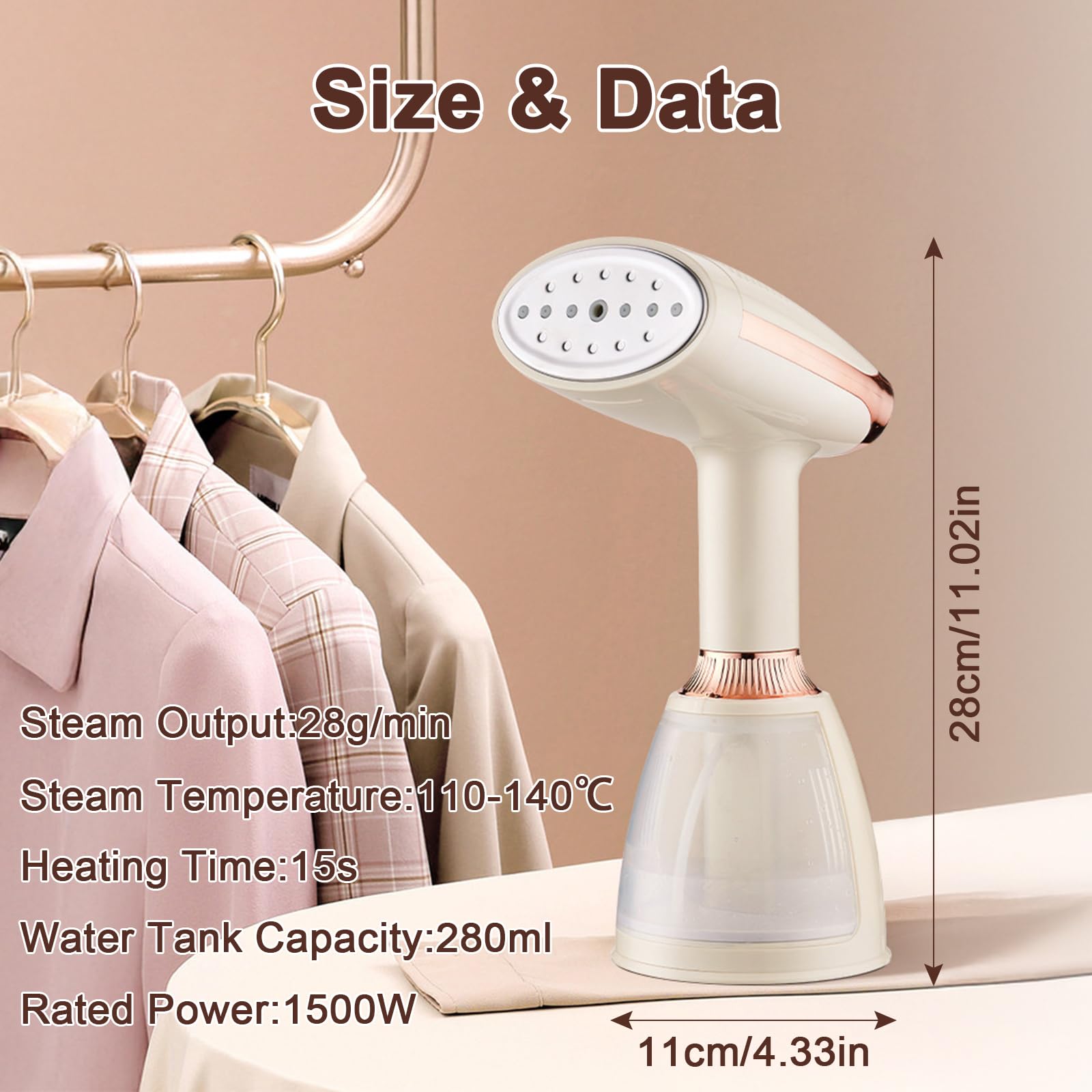 Pionowe żelazko 1500 W, ogrzewanie 15S, para 28 g/min, 3 regulowane tryby, zdejmowany zbiornik 280 ml, przenośny o wysokiej wydajności do podróży, domu, ubrań i zasłon
