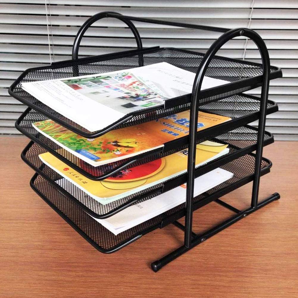 Vaschetta Portacorrispondenza Cassettiera File Organizer Modula a 4 Ripiani di Rete Metallica Nera Ufficio Organizer da Scrivanio, Vassoi Scorrevoli, Rete Metallica, Durevole,Nero