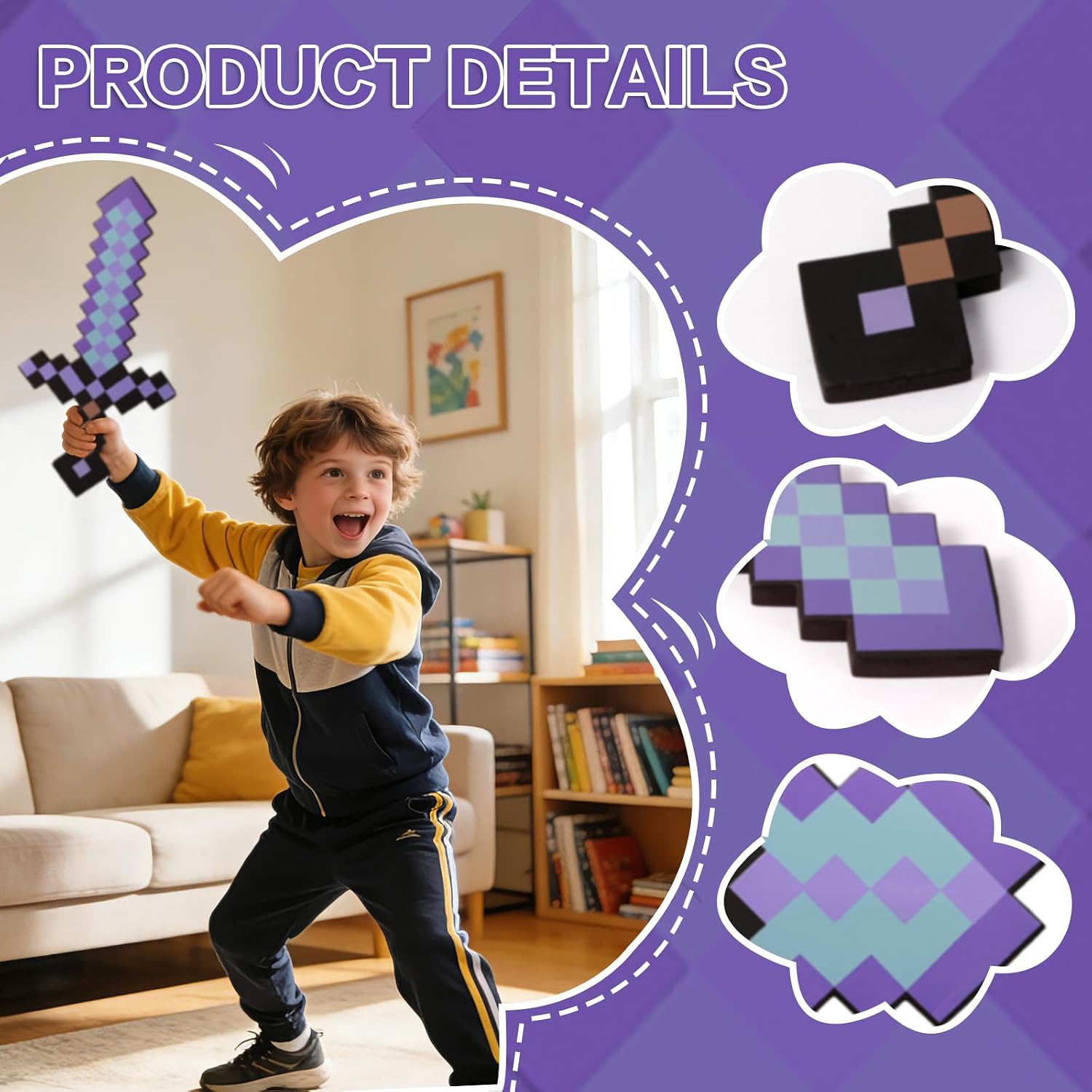 4PCS Sword Pickaxe Axe Shovel EVA Foam Toy Weapon Set – for Kids Cosplay Birthday Party Gift Blue