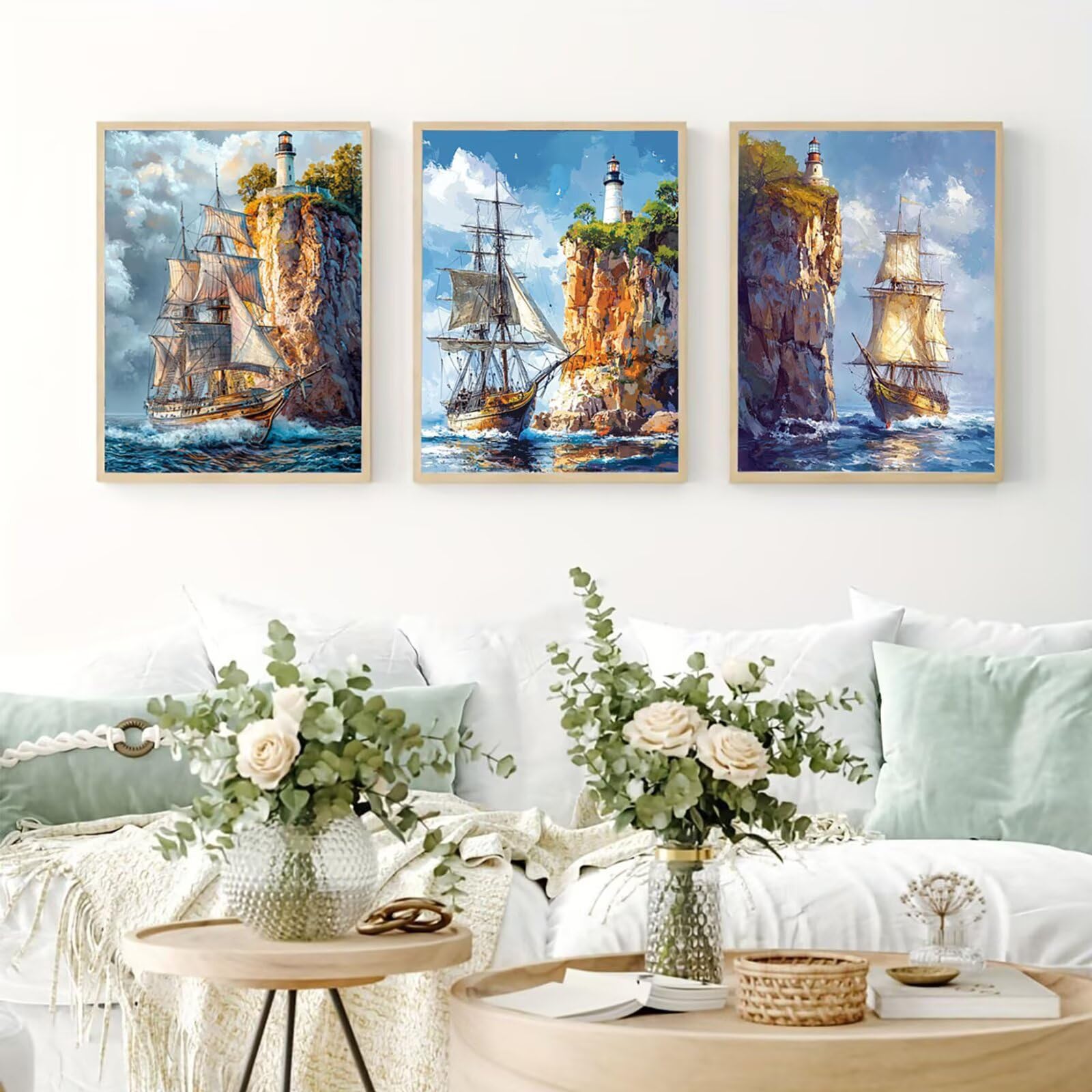 Cnyaunfi 3 Pezzi Oceano Pittura Diamante Fai-Da-Te 5D Blu Diamond Painting Kit Completo per, Hobby Creativi Adulti, Pittura Diamante Artigianale Per La Decorazione Della Parete Di Casa 70x90cm YF-3391
