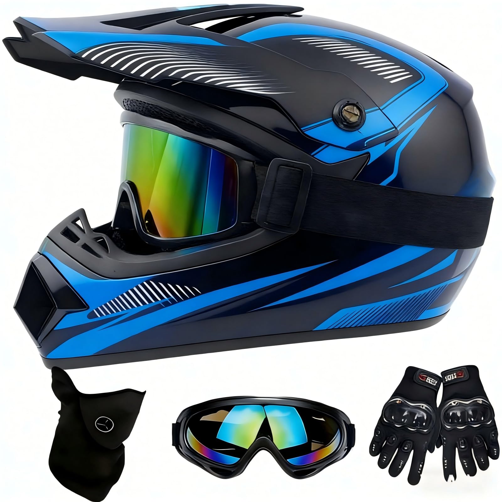MTB Helm Fullface Kinder, Motocross Fullface MTB Helm Downhill Motorradhelm Kinder mit Handschuhe Maske Brille, Jugend Motorradhelme Inklusive 2 Größen Helmfutter