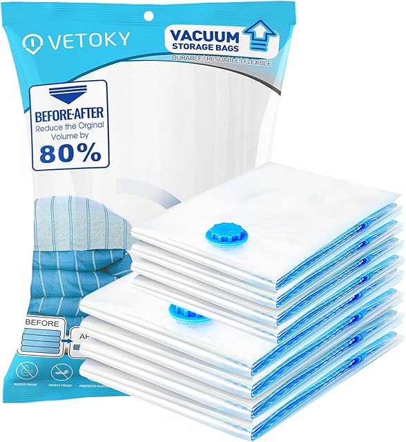 Vacuum Storage Bags, VETOKY Space Saver Bags, 8 Pack Vacuum Storage Bags 80% More Storage Vacuum Sealer Space Saver Bags for Bedding, Clothes, Blankets, Plush Toys(4* 60x40cm + 4*80 x 60cm)